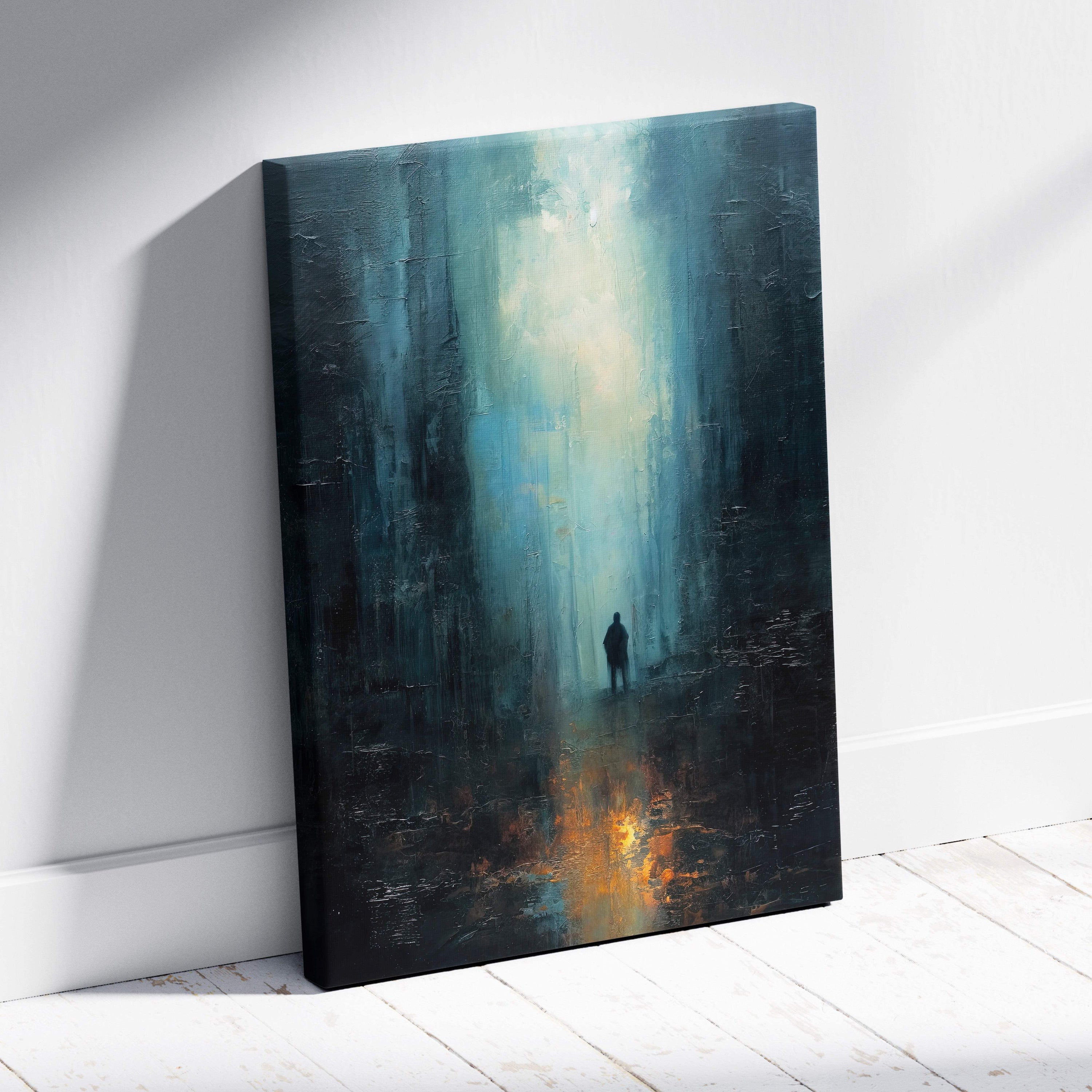 Textured canvas wall art painting of a solitary figure in a dark misty forest with blue and orange light filters