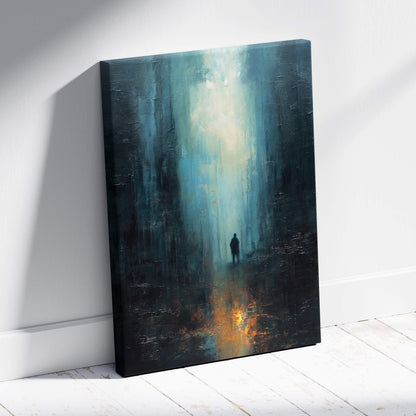 Textured canvas wall art painting of a solitary figure in a dark misty forest with blue and orange light filters