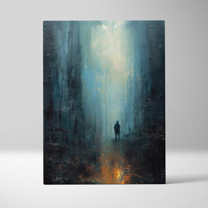 Abstract canvas painting of a solitary figure in a misty blue-toned cavern with warm orange accents for modern decor