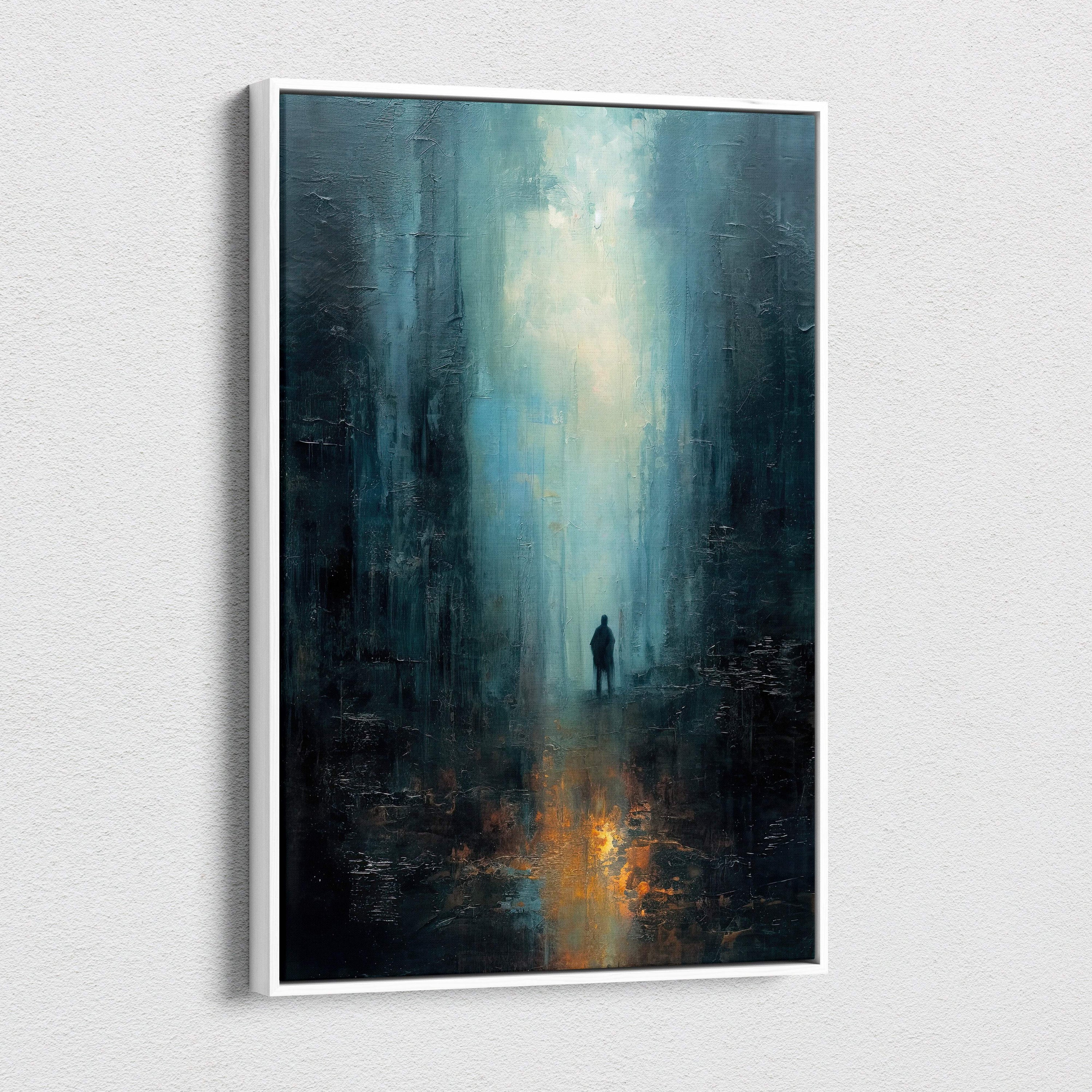 A framed blue black abstract city canvas wall art painting with a moody urban figure in a dark atmospheric tunnel