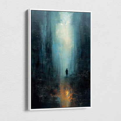 A framed blue black abstract city canvas wall art painting with a moody urban figure in a dark atmospheric tunnel