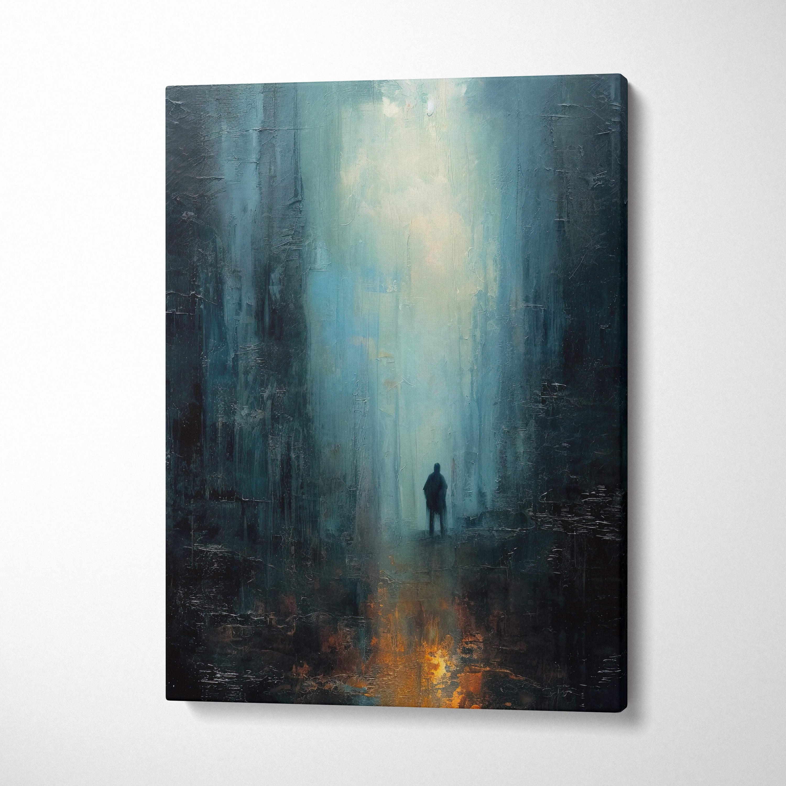 A textured blue black abstract city canvas painting with a moody urban figure in a misty forest for modern decor