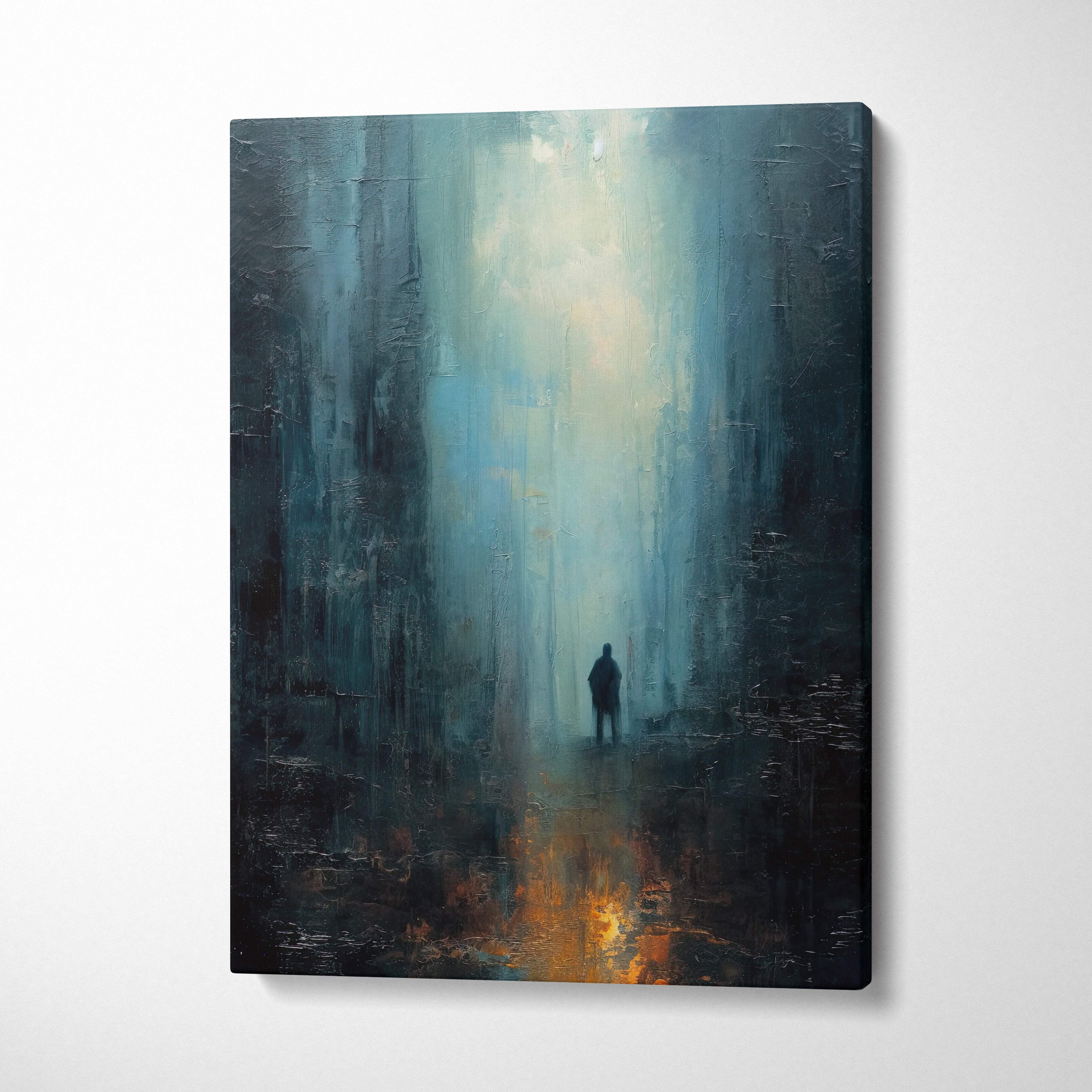 A textured blue black abstract city canvas painting with a moody urban figure in a misty forest for modern decor