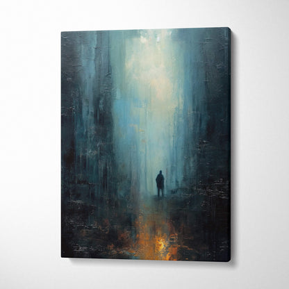 A textured blue black abstract city canvas painting with a moody urban figure in a misty forest for modern decor