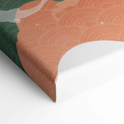 Koi fish crane canvas wall art with stylized orange and deep green textured abstract design for living room decor