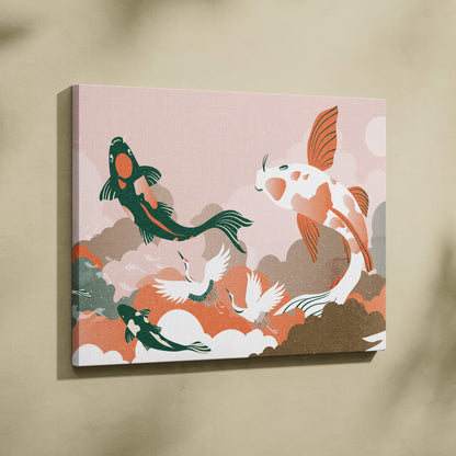 A rectangular canvas print of koi fish and cranes in peach green oriental vector style for elegant living room decor
