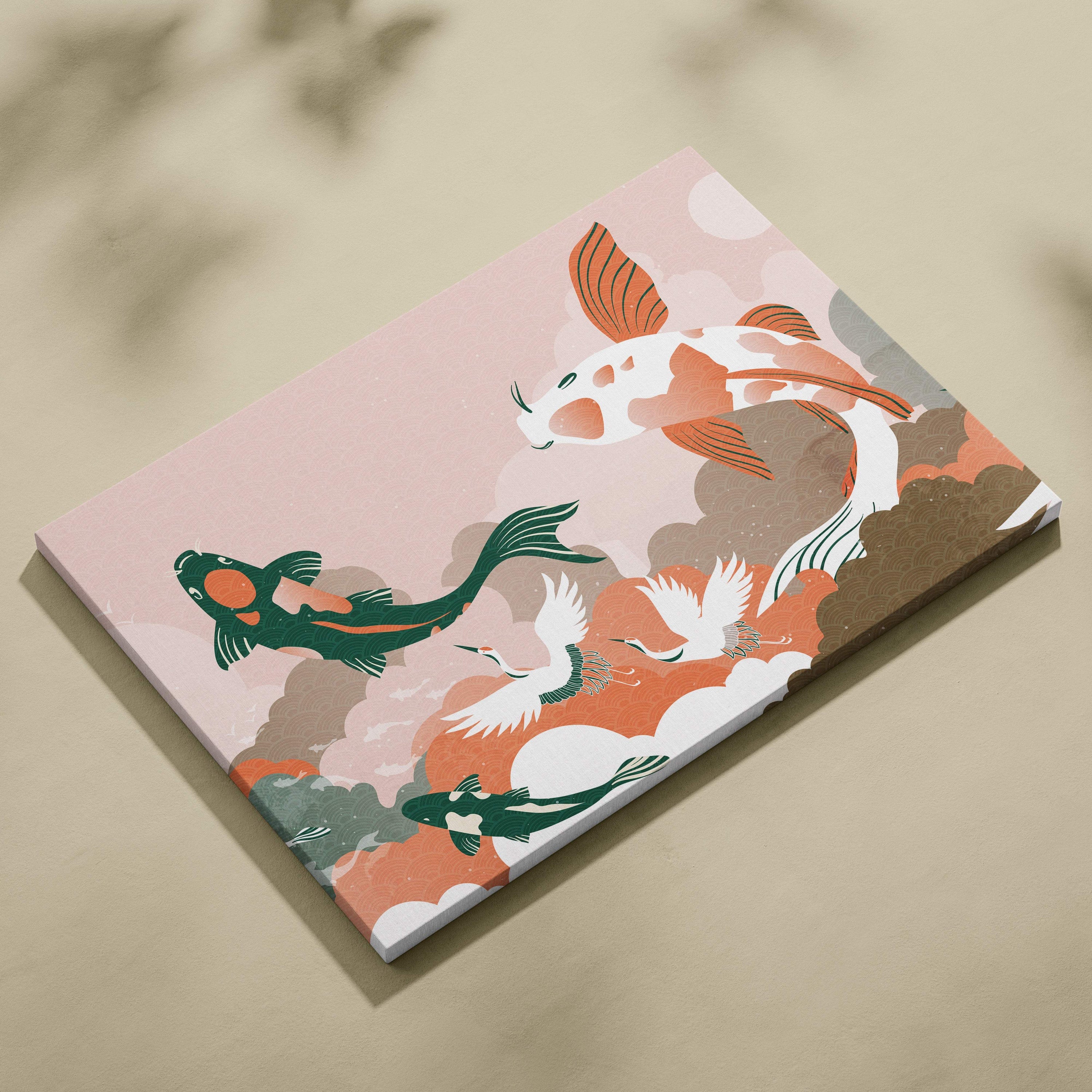 A rectangular canvas wall art featuring stylized pink and orange koi fish and cranes on a pastel background