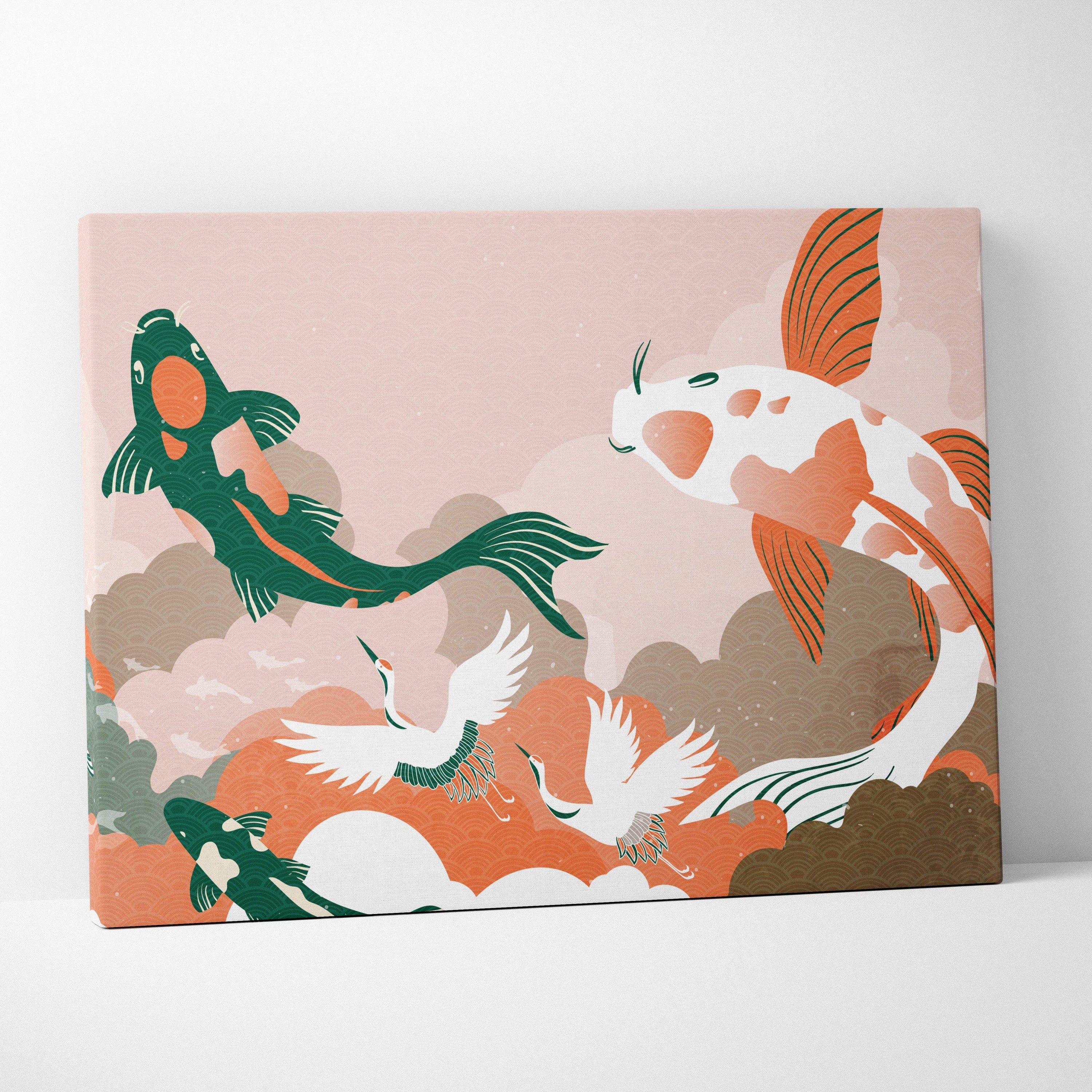 A rectangular koi fish crane canvas wall art with green white orange and pink hues in elegant japanese vector style