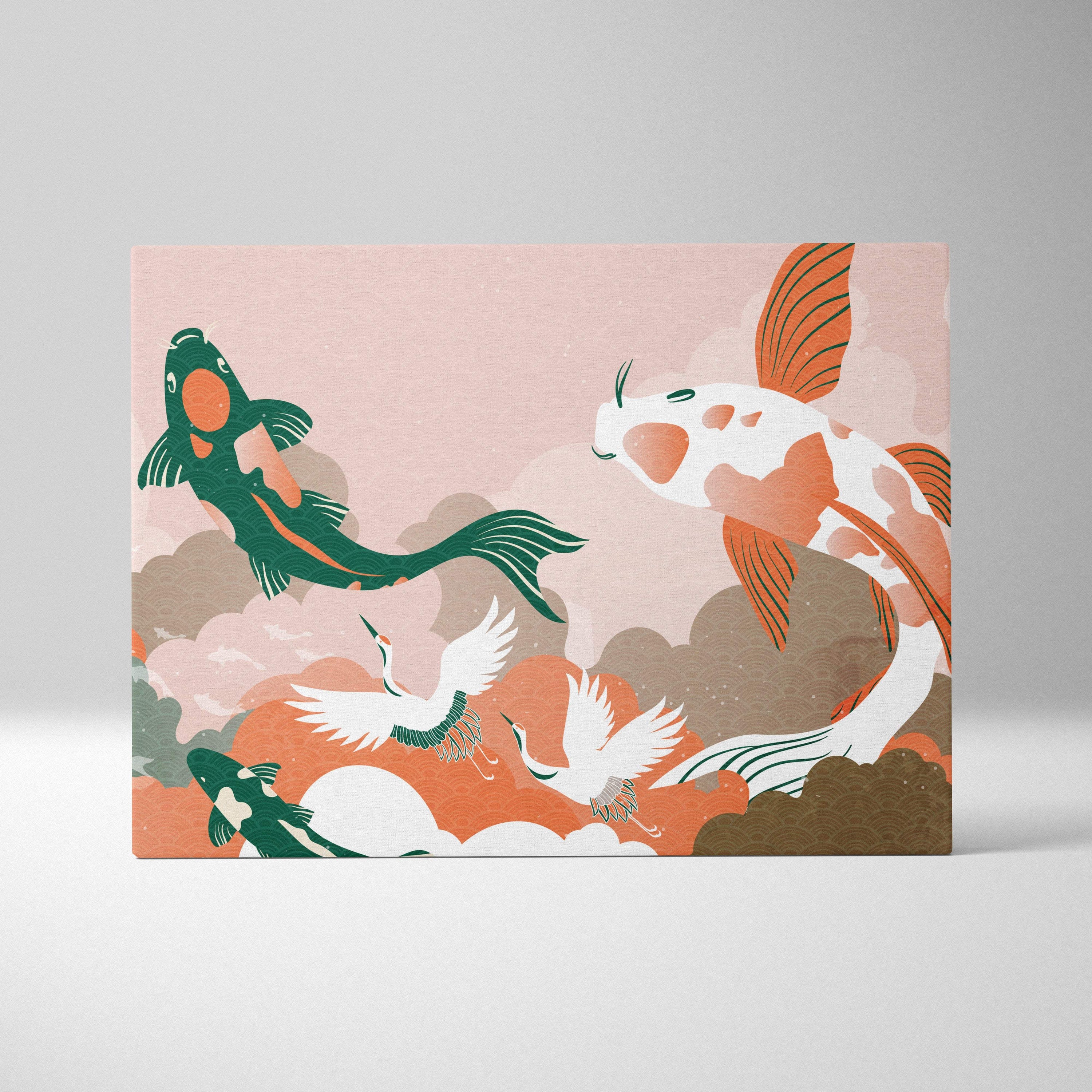 Pastel pink and orange koi fish and white cranes canvas wall art in elegant japanese cloud design for living room decor