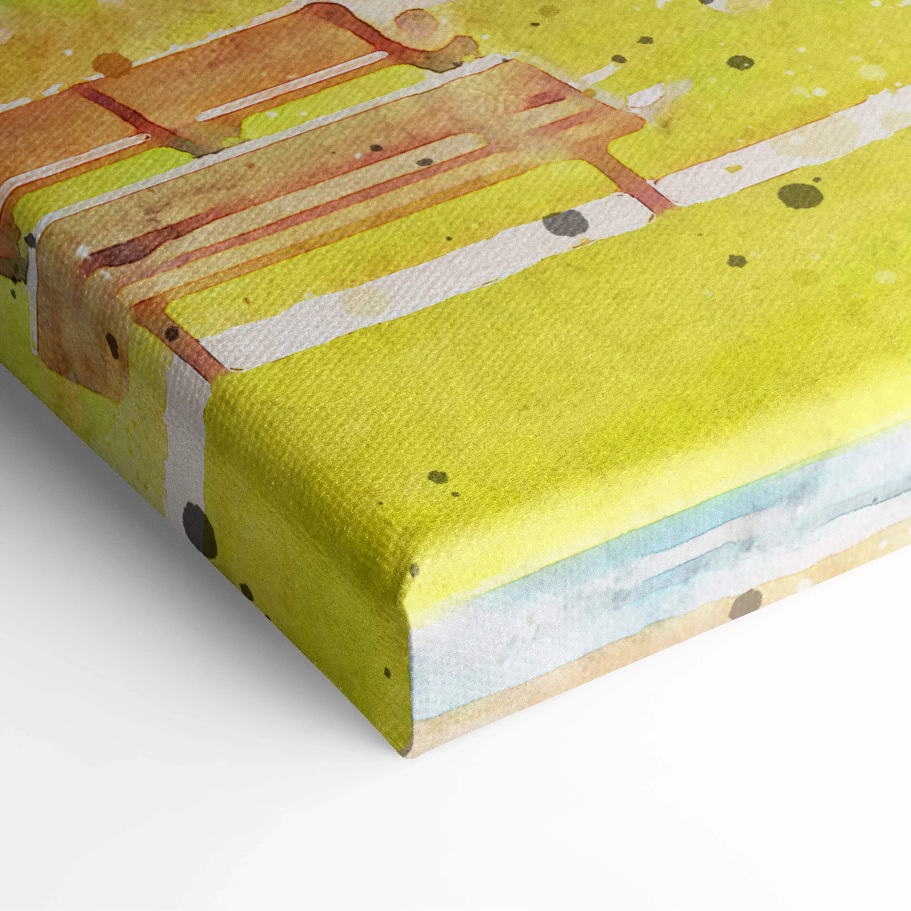 Watercolor canvas print of abstract orange benches on yellow background