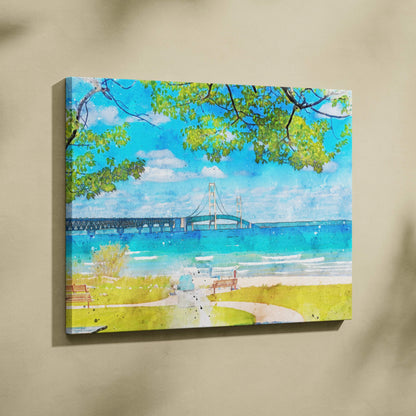 Vibrant watercolor coastal landscape canvas art with suspension bridge over turquoise lake