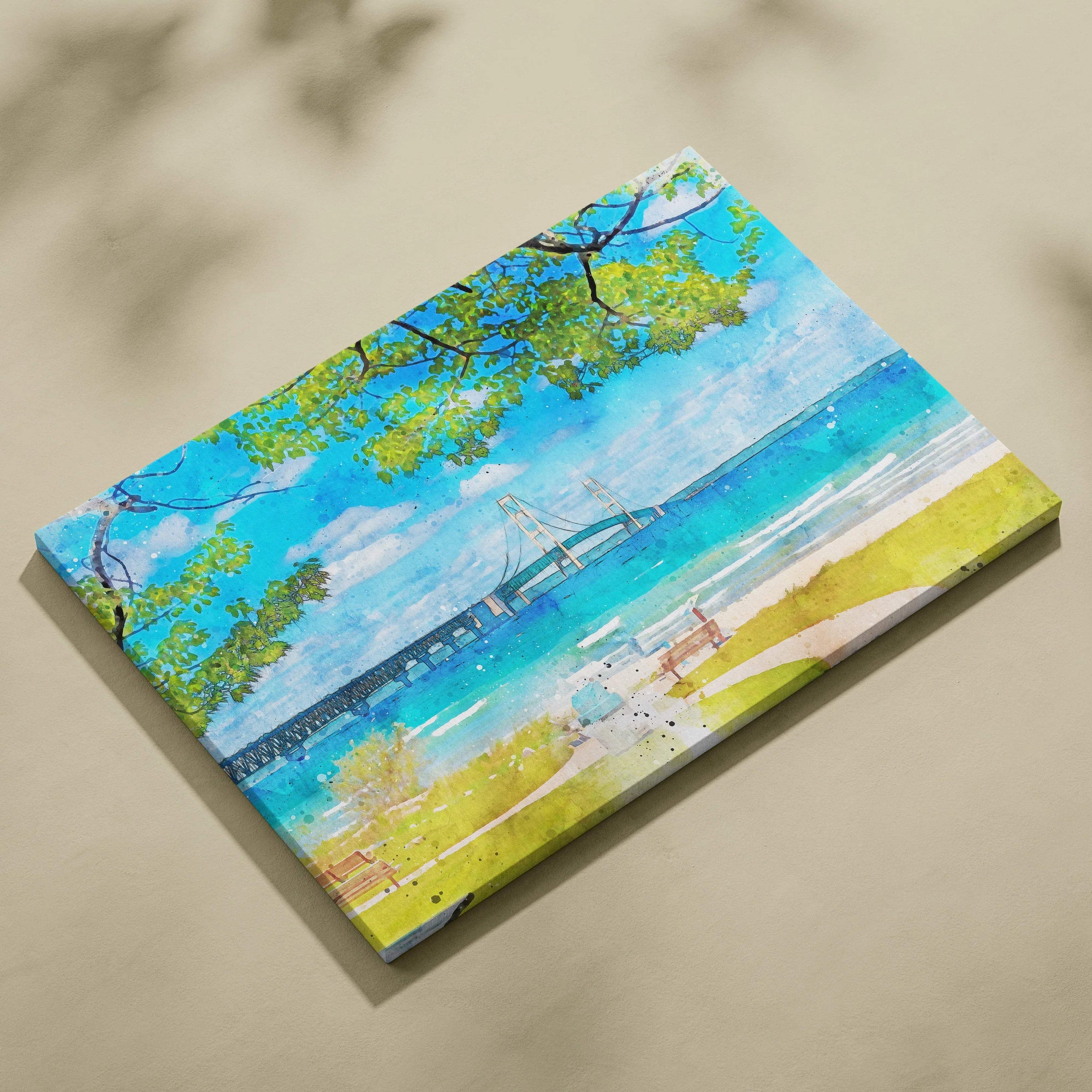 Vibrant watercolor coastal landscape with suspension bridge over turquoise lake