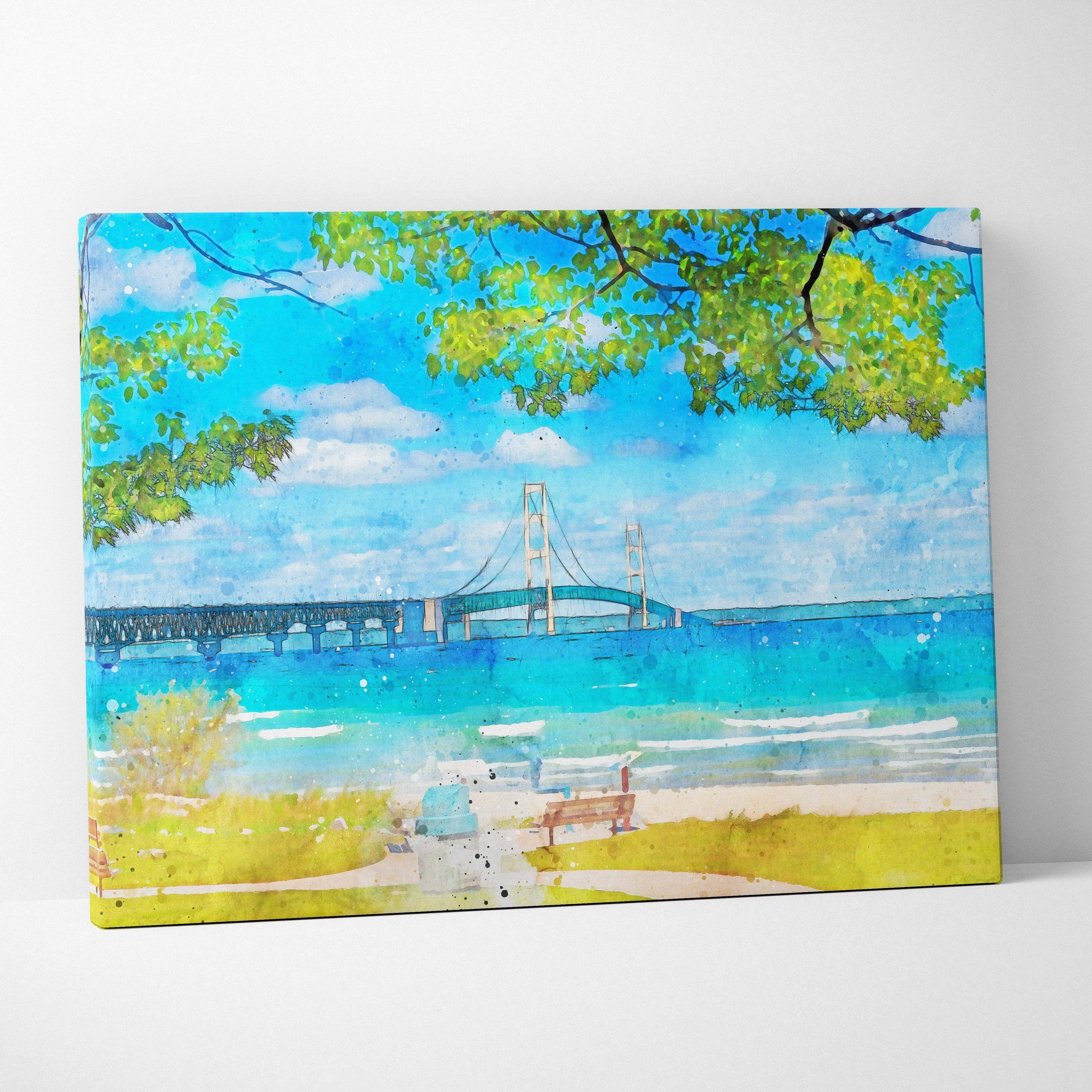 Watercolor coastal landscape canvas art with suspension bridge over blue lake