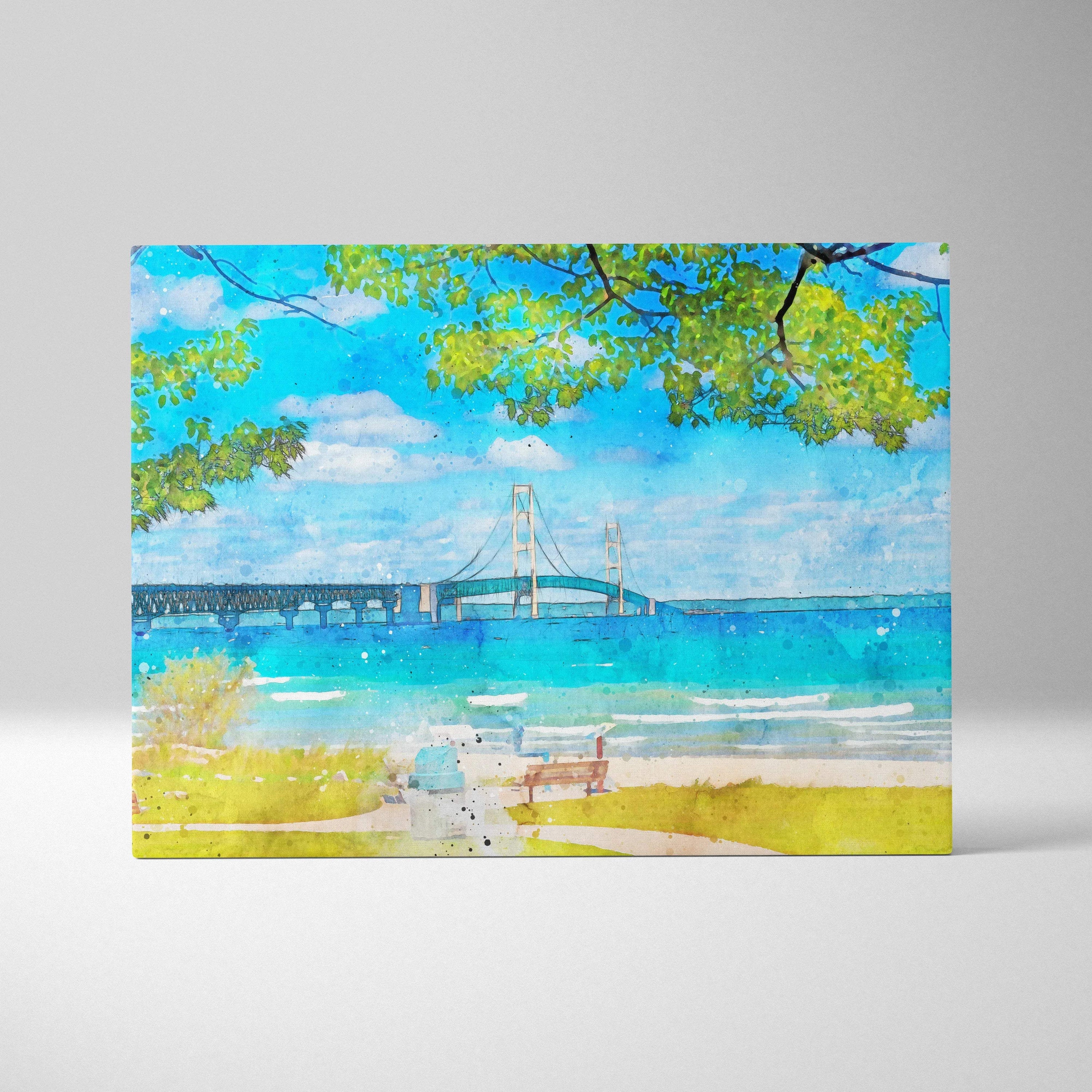 Watercolor coastal landscape canvas with suspension bridge over blue lake