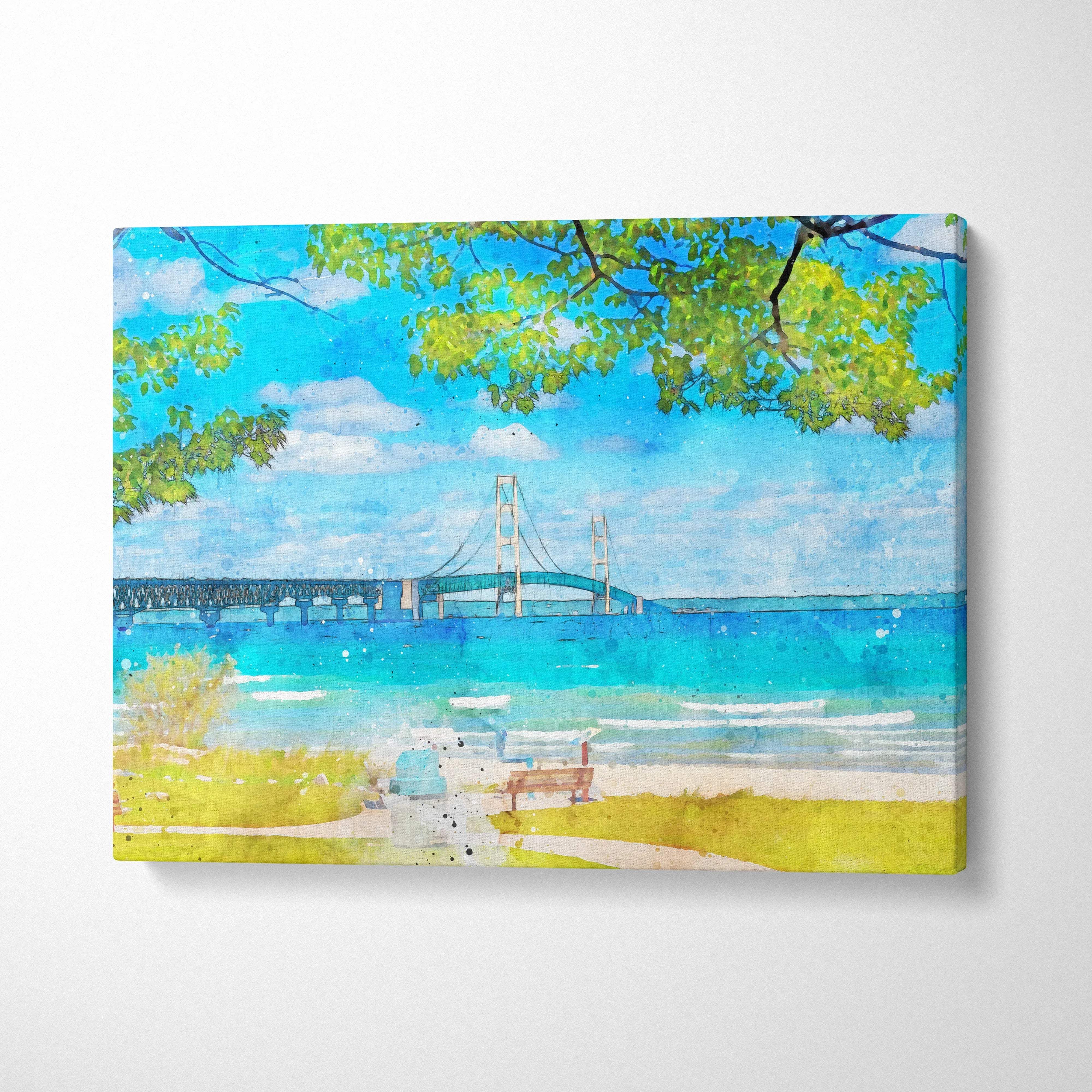 Watercolor coastal landscape canvas with suspension bridge over blue lake