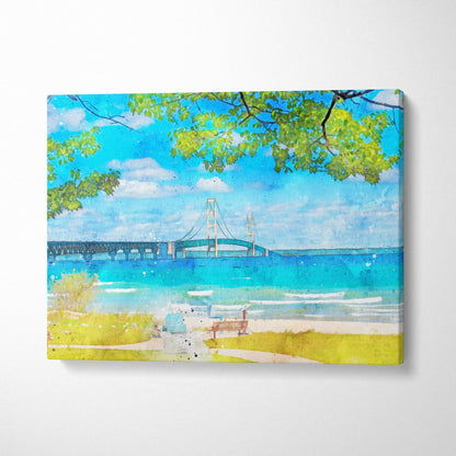 Watercolor coastal landscape canvas with suspension bridge over blue lake
