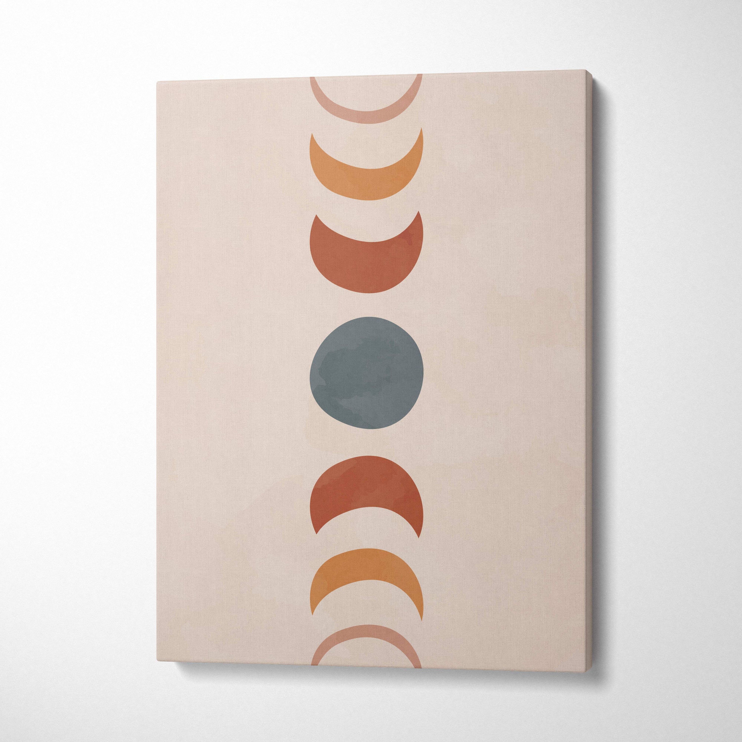 Boho moon phases canvas wall art with minimalist terracotta rust and sage green moon phases on beige background