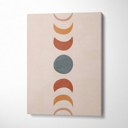 Boho moon phases canvas wall art with minimalist terracotta rust and sage green moon phases on beige background