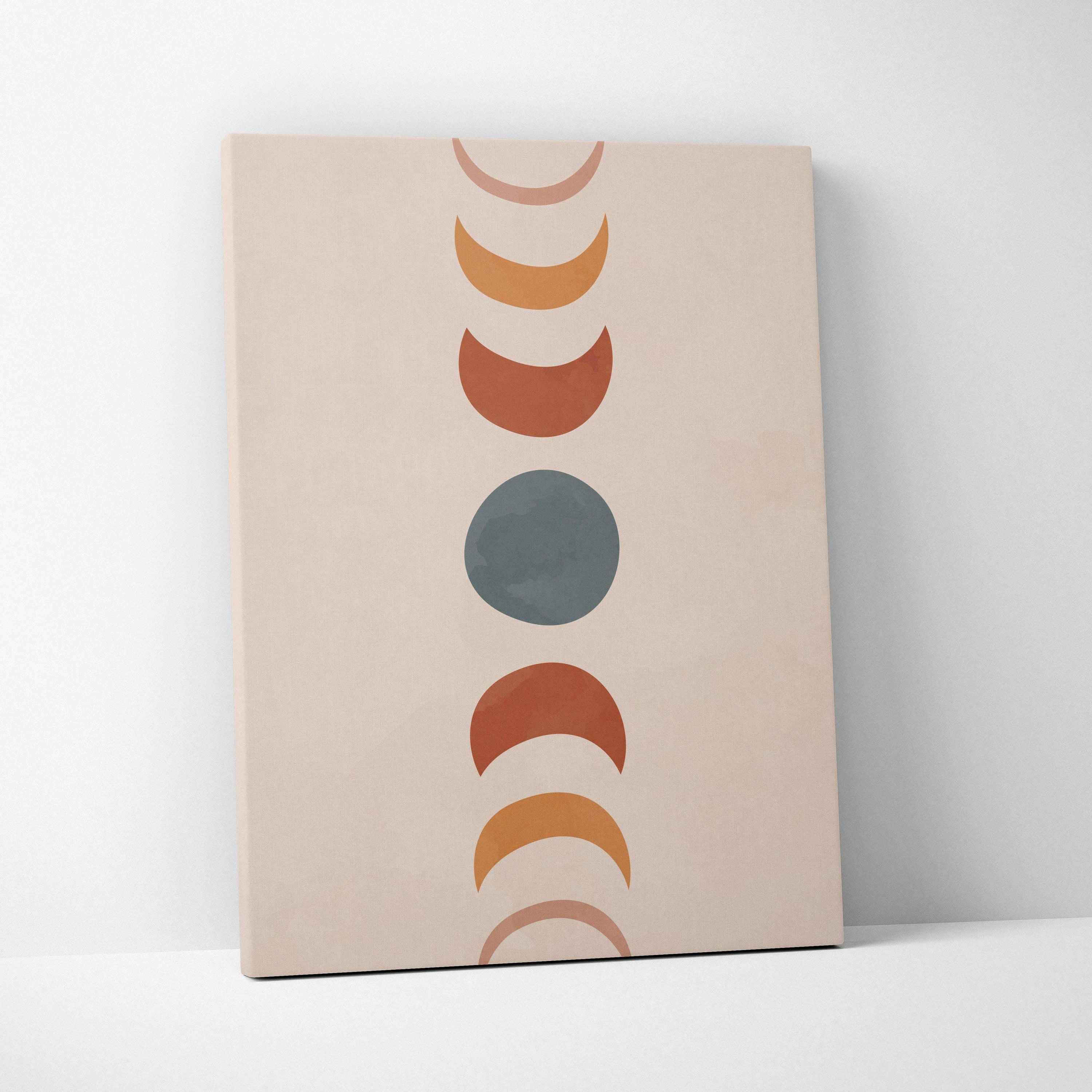 Boho moon phases canvas wall art with minimalist terracotta rust and sage green moon phases on beige background