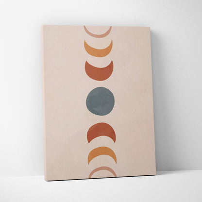 Boho moon phases canvas wall art with minimalist terracotta rust and sage green moon phases on beige background