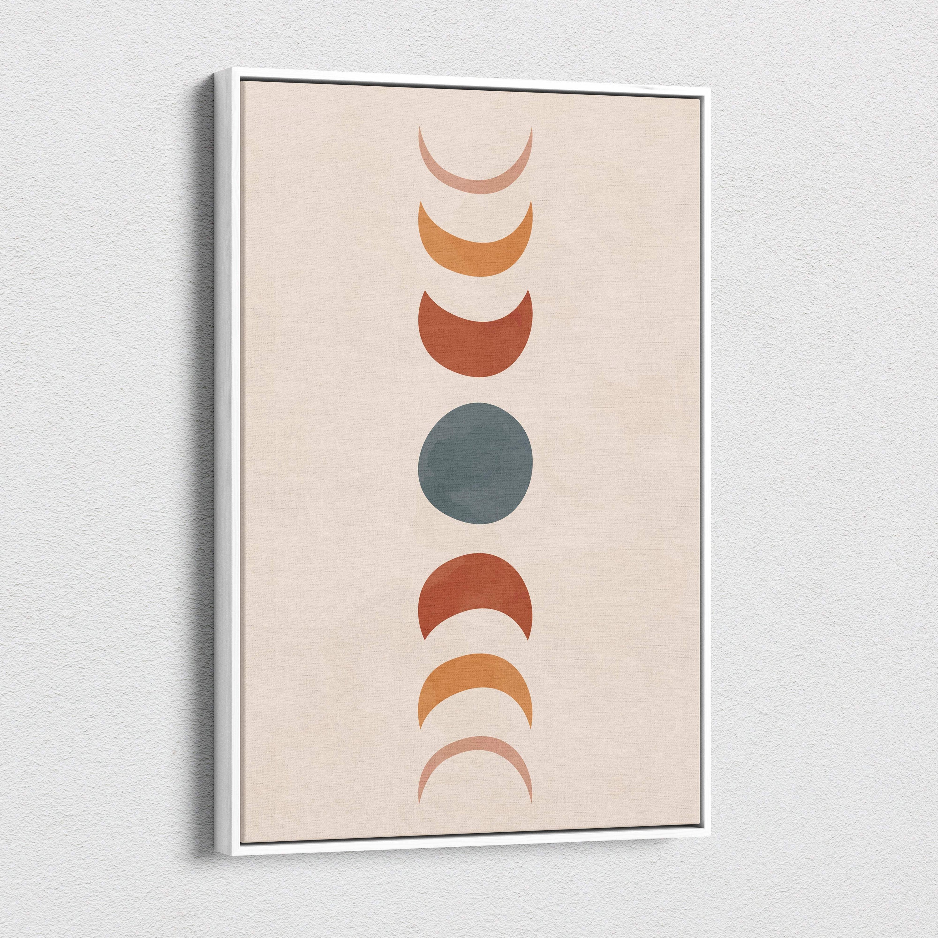 Boho moon phases canvas wall art with minimalist vertical terracotta rust and sage green celestial design on beige background