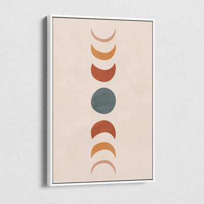 Boho moon phases canvas wall art with minimalist vertical terracotta rust and sage green celestial design on beige background