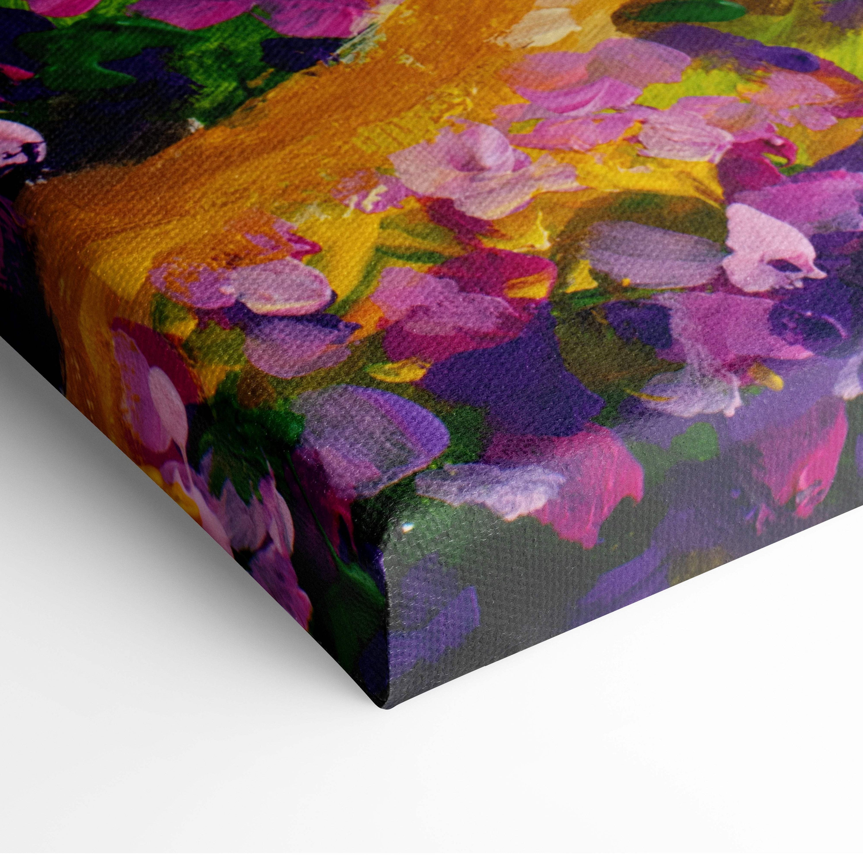 Vibrant abstract floral canvas painting with bold purple pink yellow and green strokes in colorful mountain wildflower style