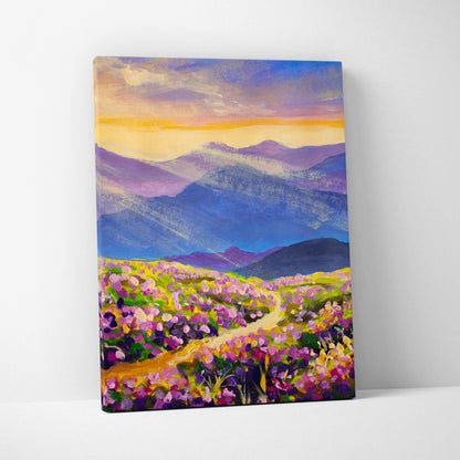 Colorful mountain wildflower landscape painting on canvas showing a winding path through purple and pink flowers at sunset