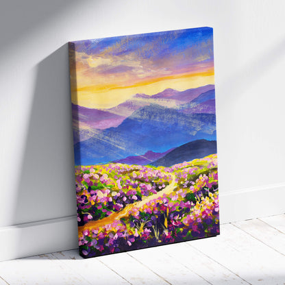 Vibrant canvas print of a winding path through purple and pink wildflowers under a colorful mountain sunset sky
