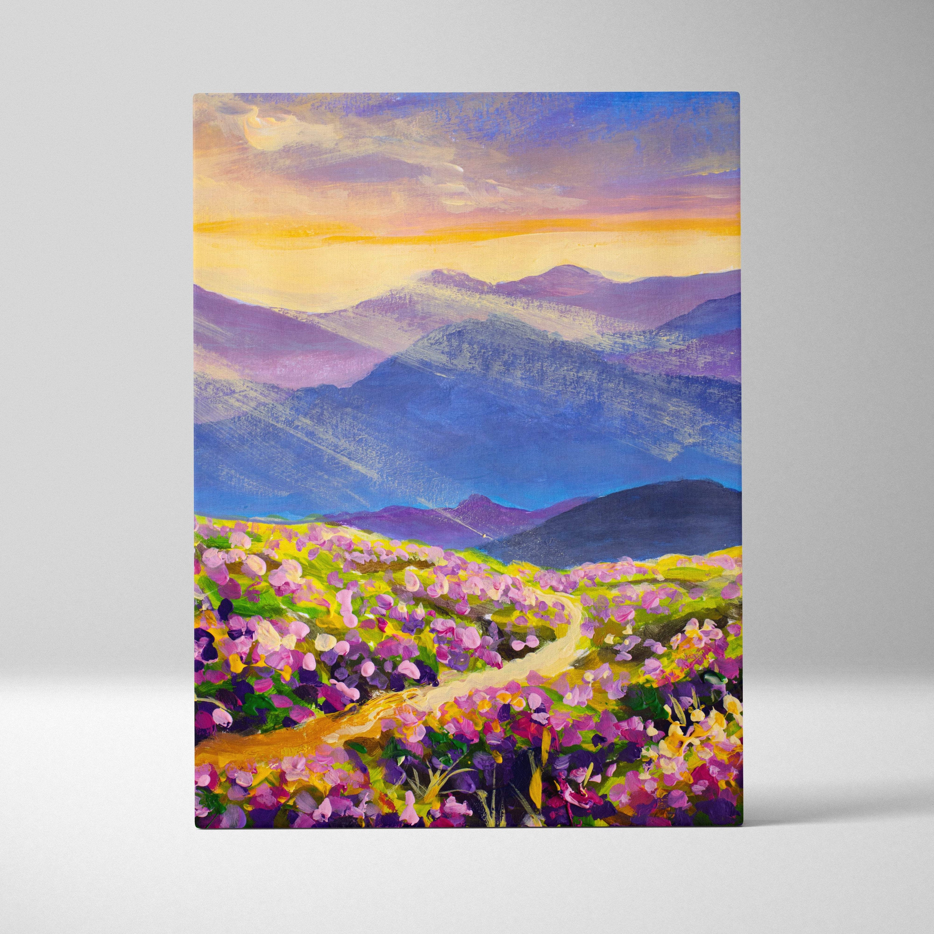 Colorful mountain wildflower landscape painting featuring vibrant purple and pink flowers with layered blue peaks under a golden sunset sky on canvas wall art