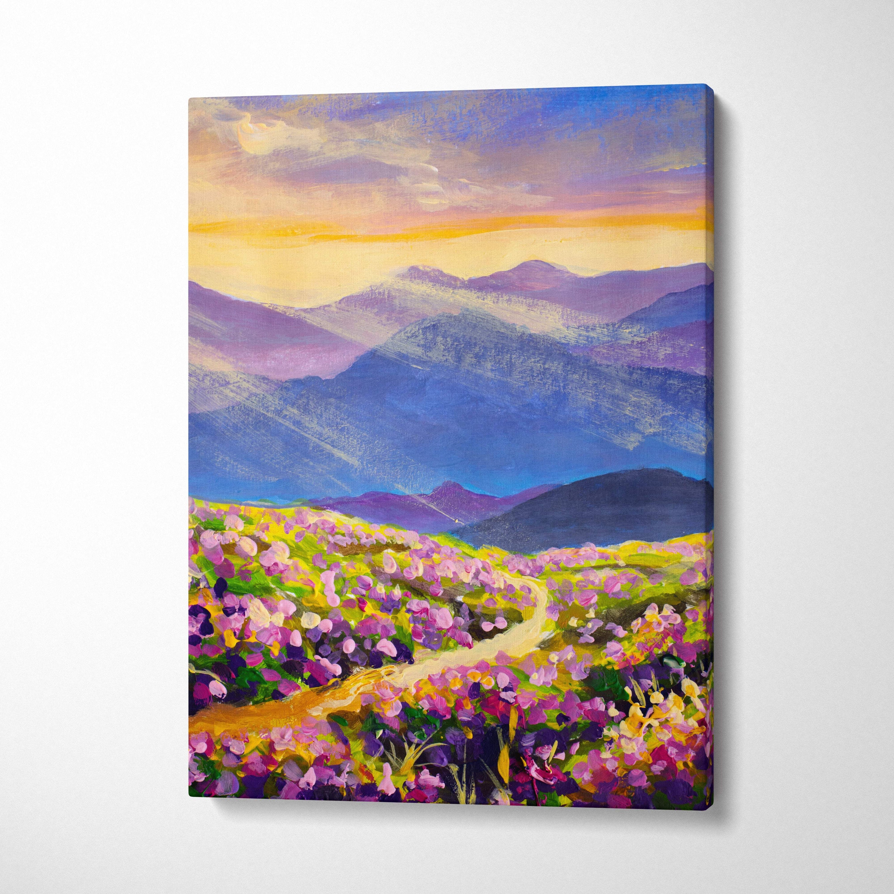 Colorful mountain wildflower landscape impressionist canvas print featuring winding path purple pink flowers golden sunset