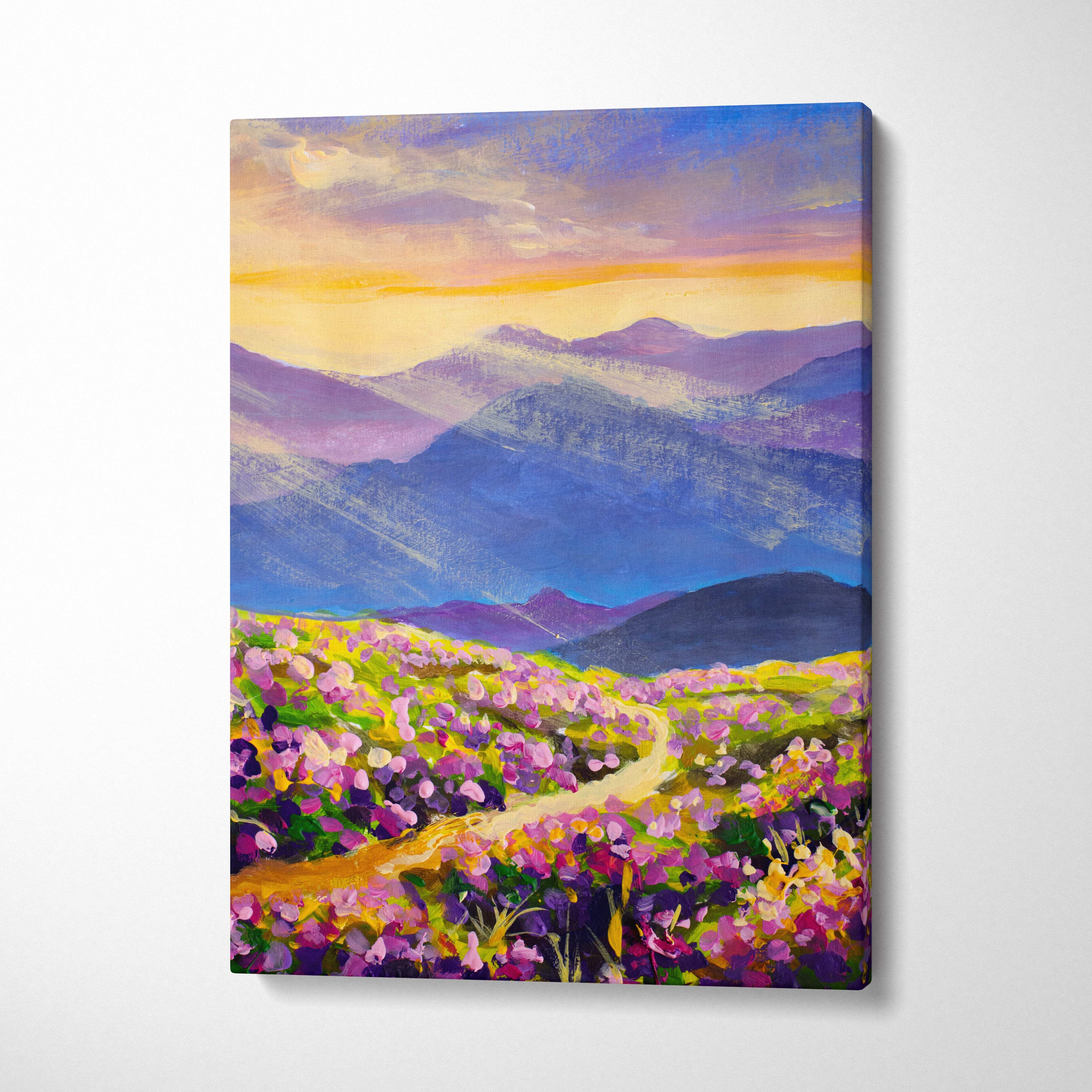 Colorful mountain wildflower landscape impressionist canvas print featuring winding path purple pink flowers golden sunset
