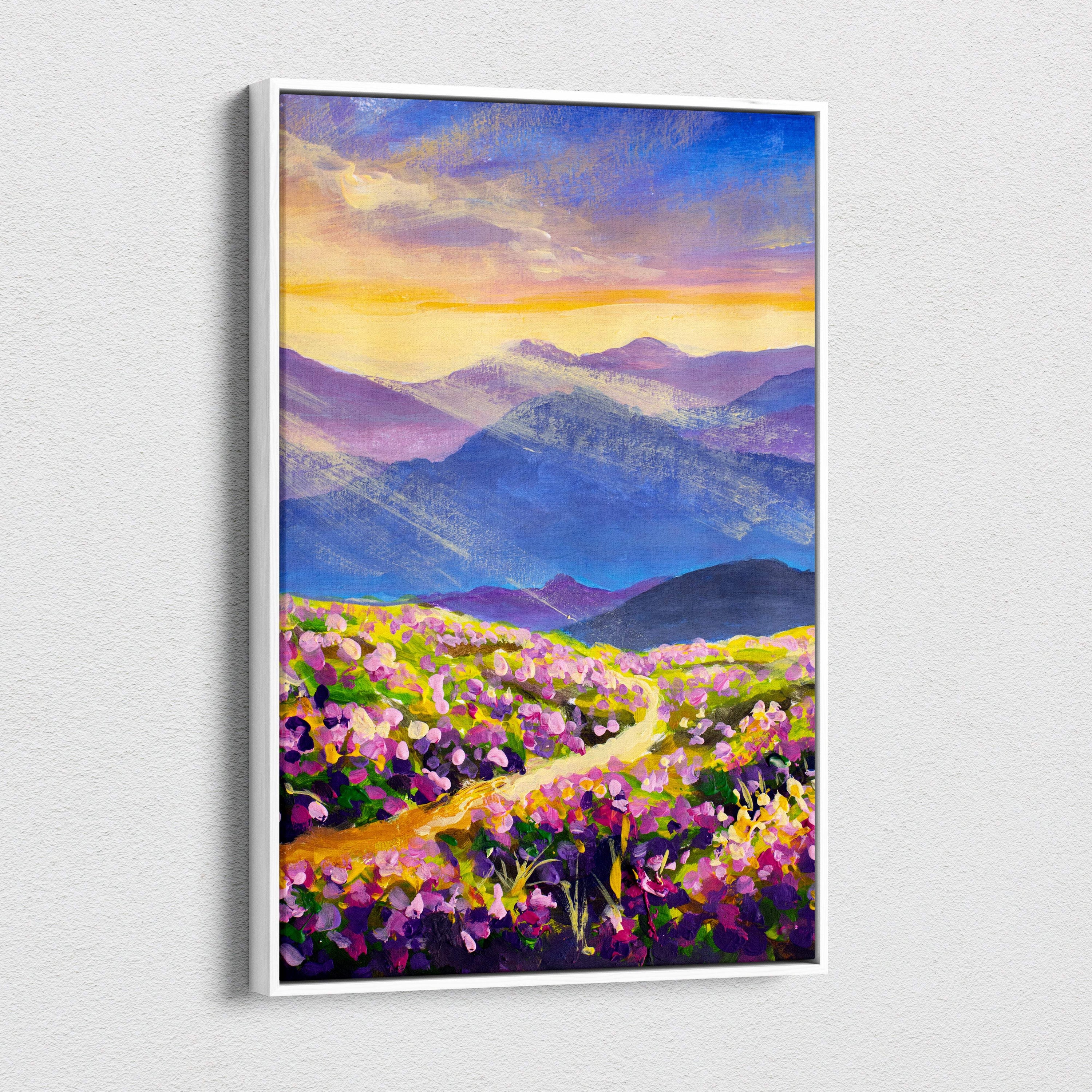 Colorful mountain wildflower landscape impressionist canvas print with purple pink fields and golden sunset sky in white frame