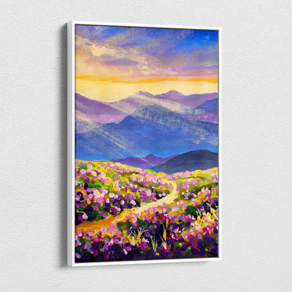 Colorful mountain wildflower landscape impressionist canvas print with purple pink fields and golden sunset sky in white frame