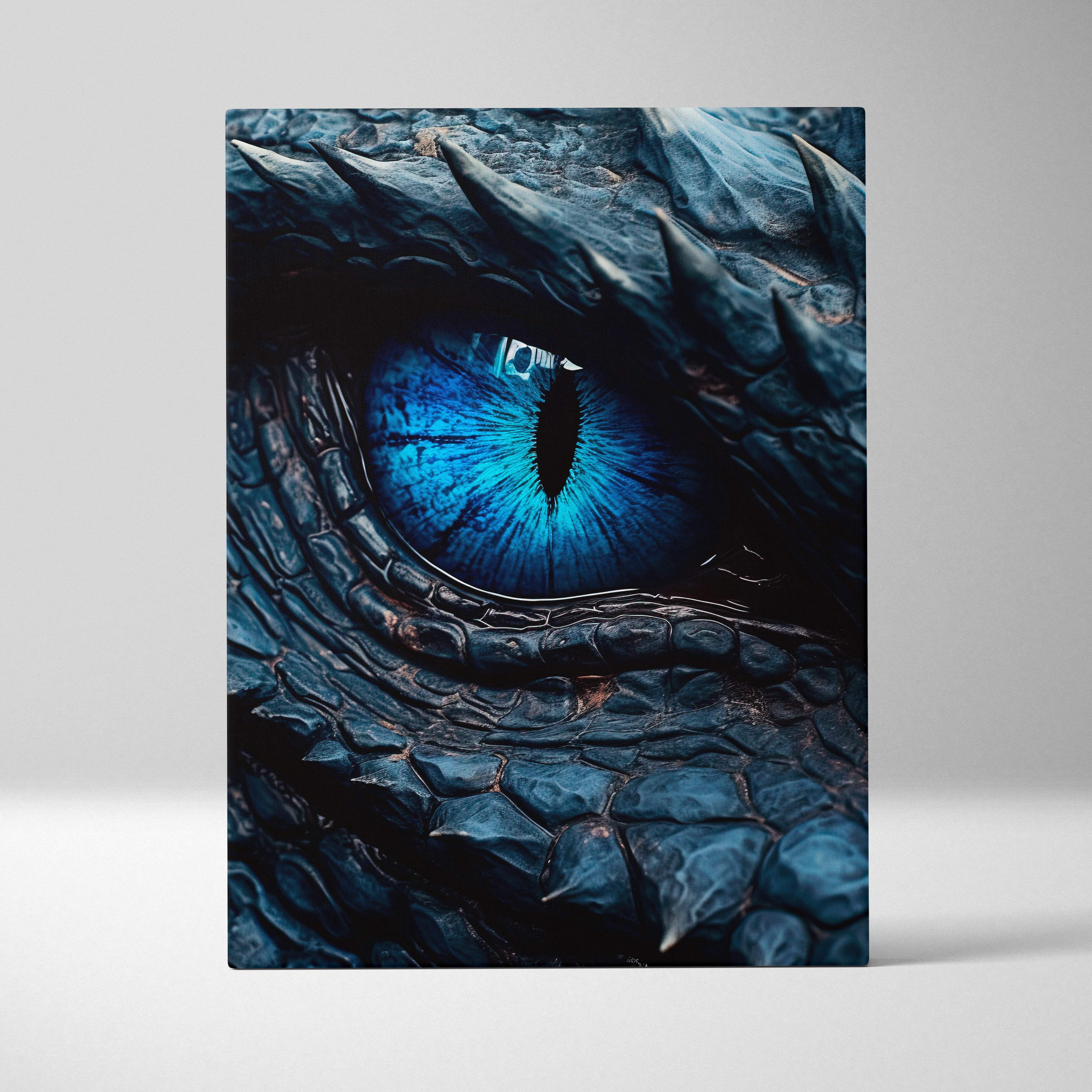 Azure dragon eye canvas wall art showing a close-up of a dragon’s eye with deep blue iris and textured dark scales