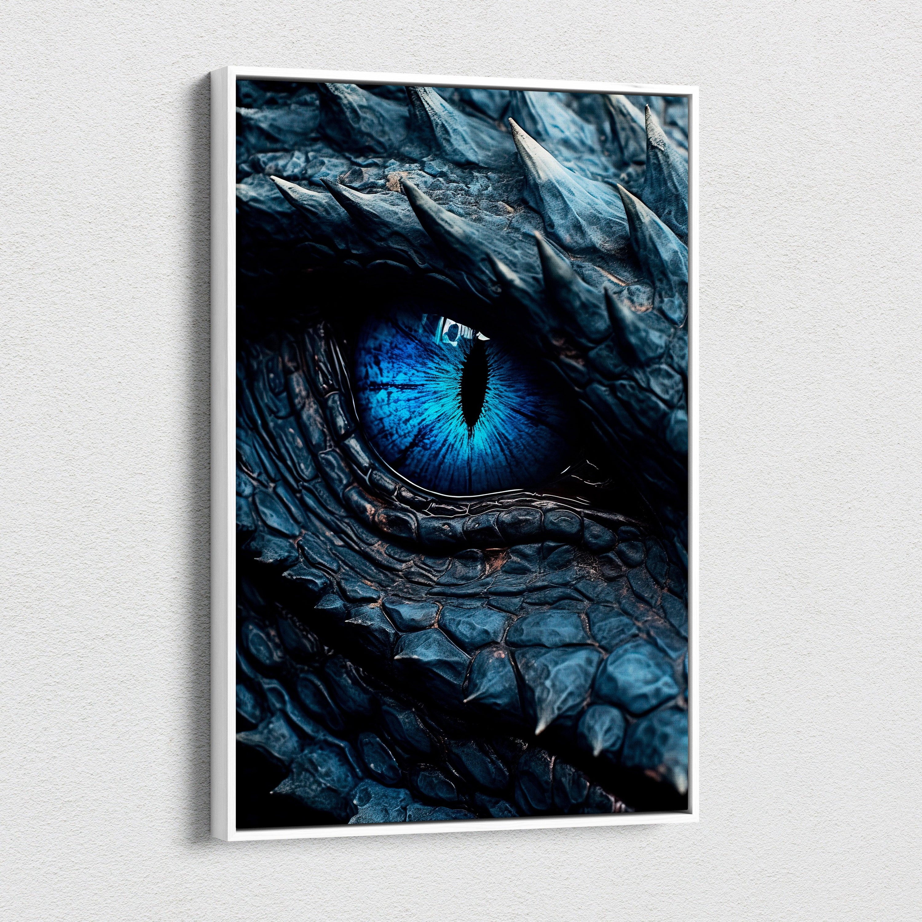 Azure Dragon Eye Canvas Wall Art – Hyper-Detailed Blue Iris, Scaled Skin Texture, Mythical Creature Macro, Dark Fantasy Close-Up Print