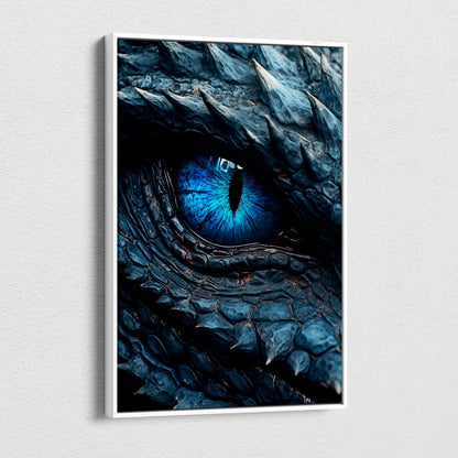 Azure Dragon Eye Canvas Wall Art – Hyper-Detailed Blue Iris, Scaled Skin Texture, Mythical Creature Macro, Dark Fantasy Close-Up Print