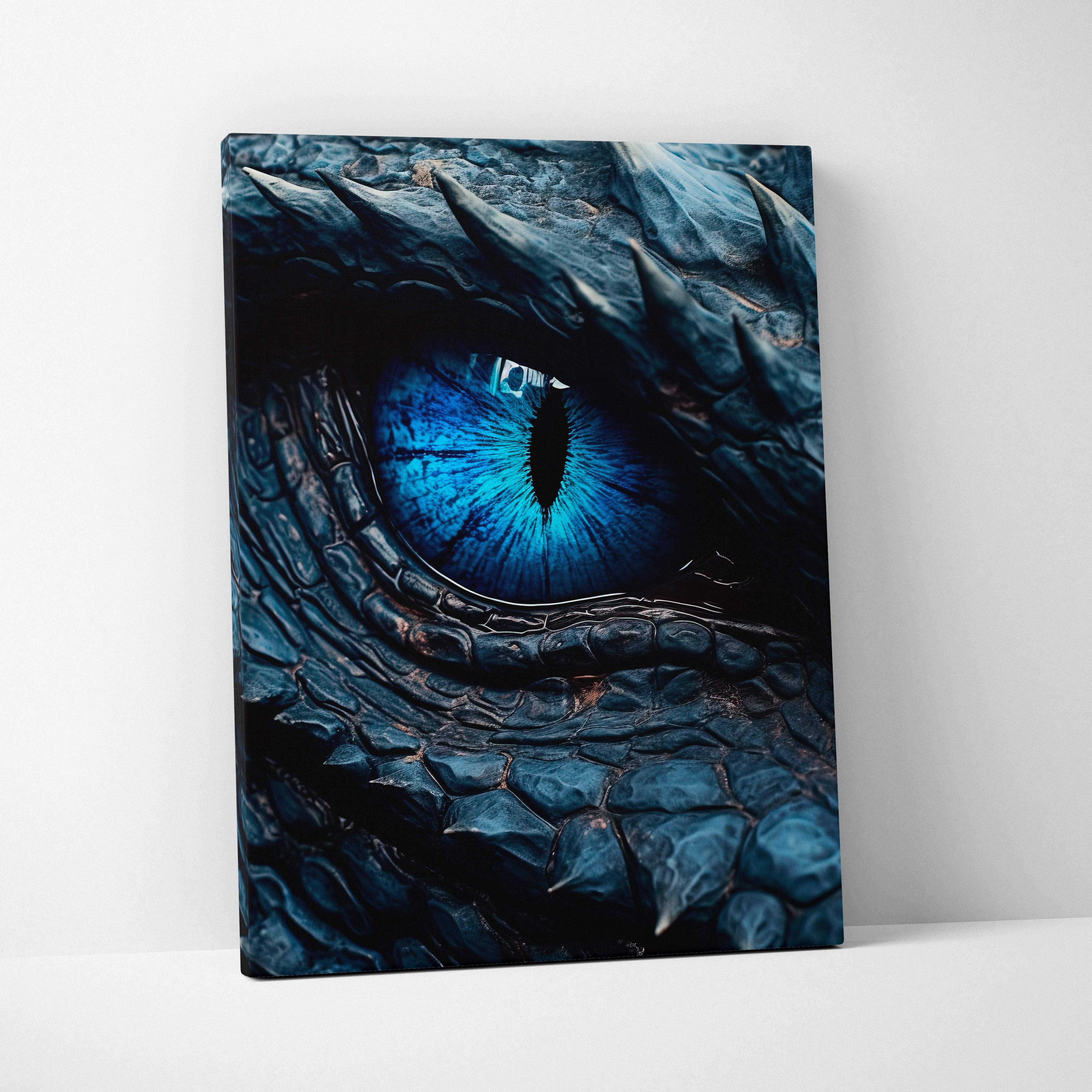 A striking canvas wall art featuring a close-up of a dragon eye with deep blue irises and dark textured scales