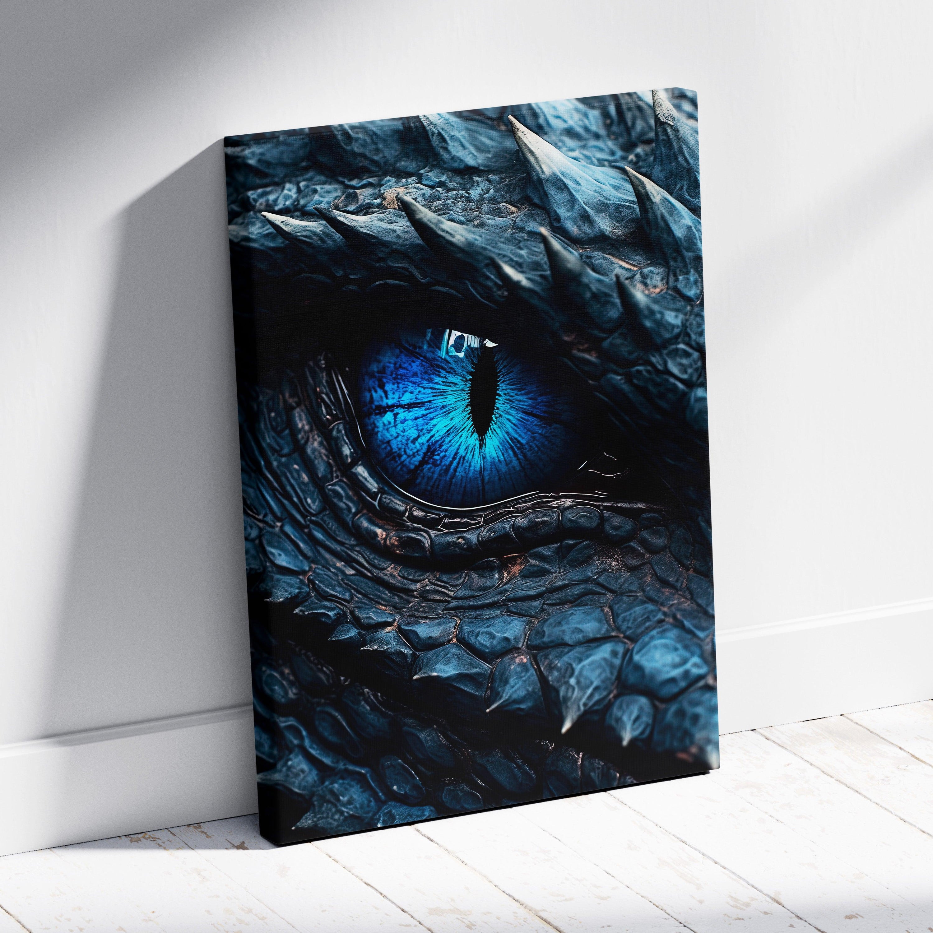 Azure Dragon Eye Canvas Wall Art – Hyper-Detailed Blue Iris, Scaled Skin Texture, Mythical Creature Macro, Dark Fantasy Close-Up Print