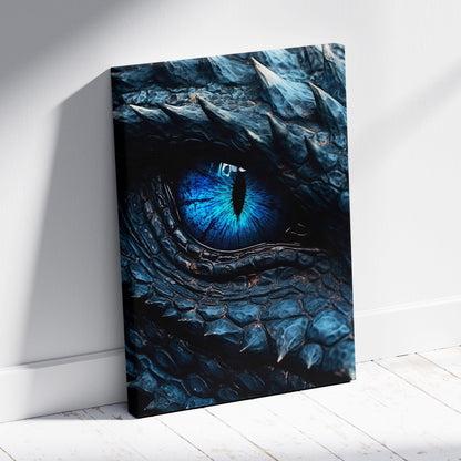 Azure Dragon Eye Canvas Wall Art – Hyper-Detailed Blue Iris, Scaled Skin Texture, Mythical Creature Macro, Dark Fantasy Close-Up Print