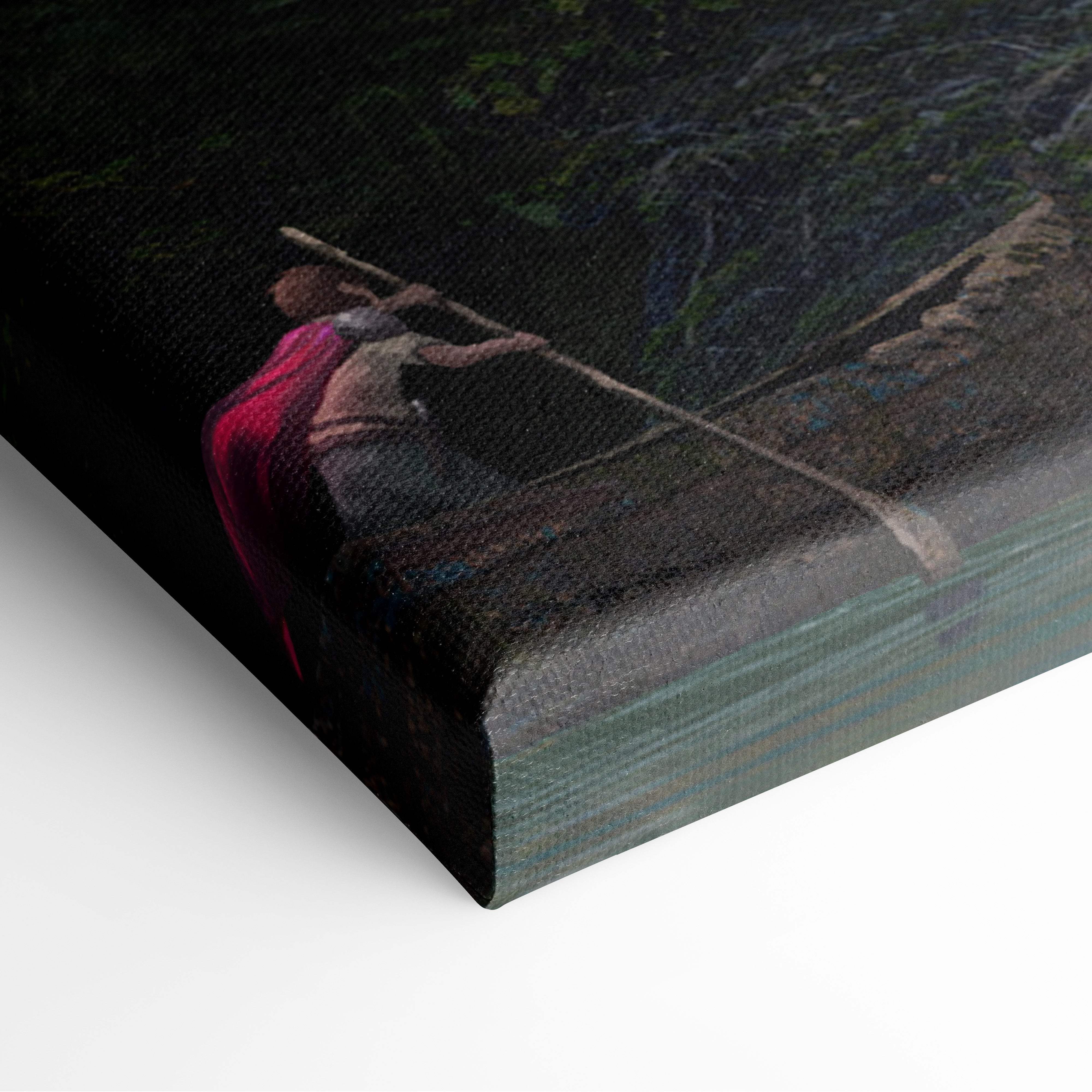 Black canvas print featuring a figure in a red cloak rowing through dark wooded waters for whimsical cottage decor