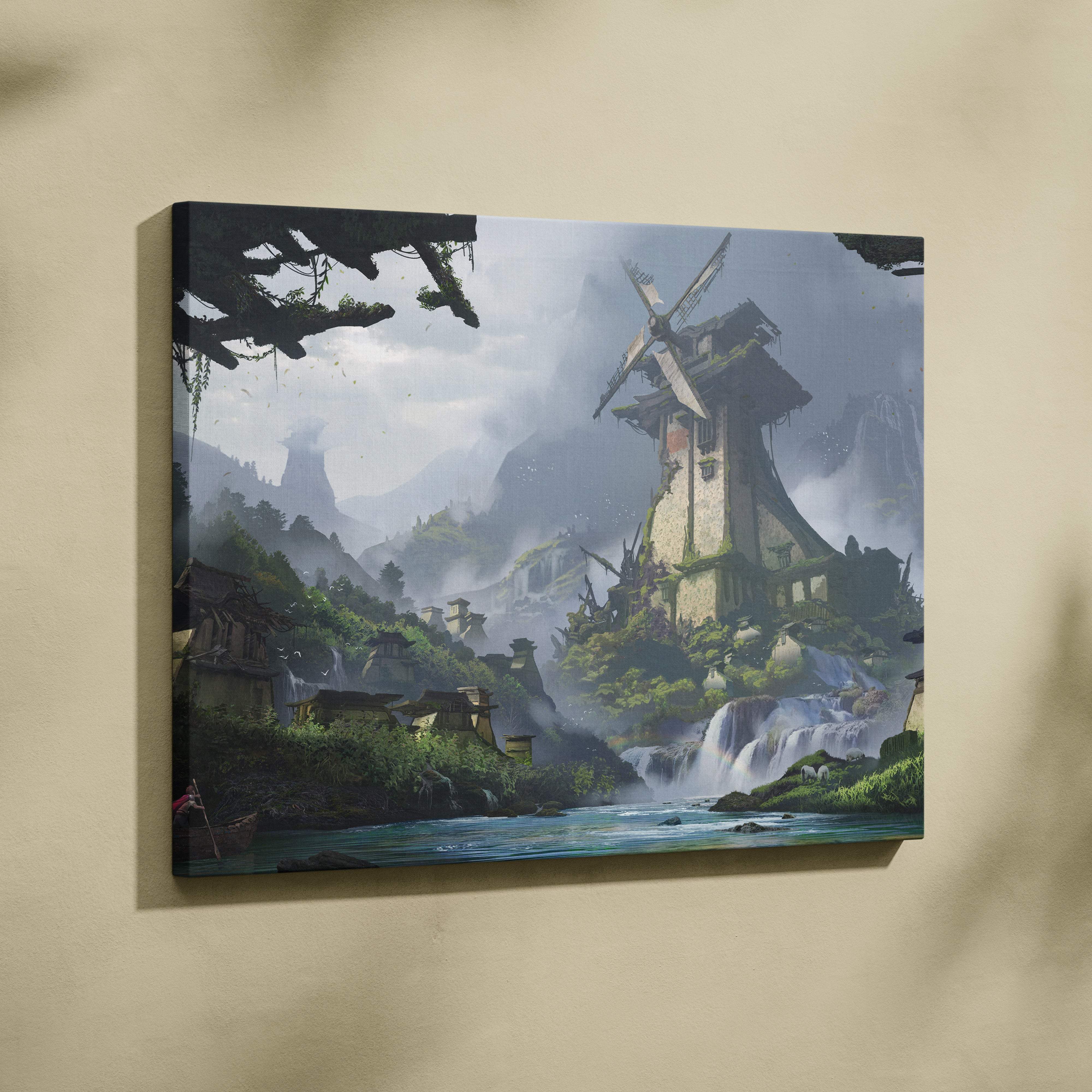 Rectangular canvas print of a misty green waterfall landscape with an ancient stone windmill above a rustic village