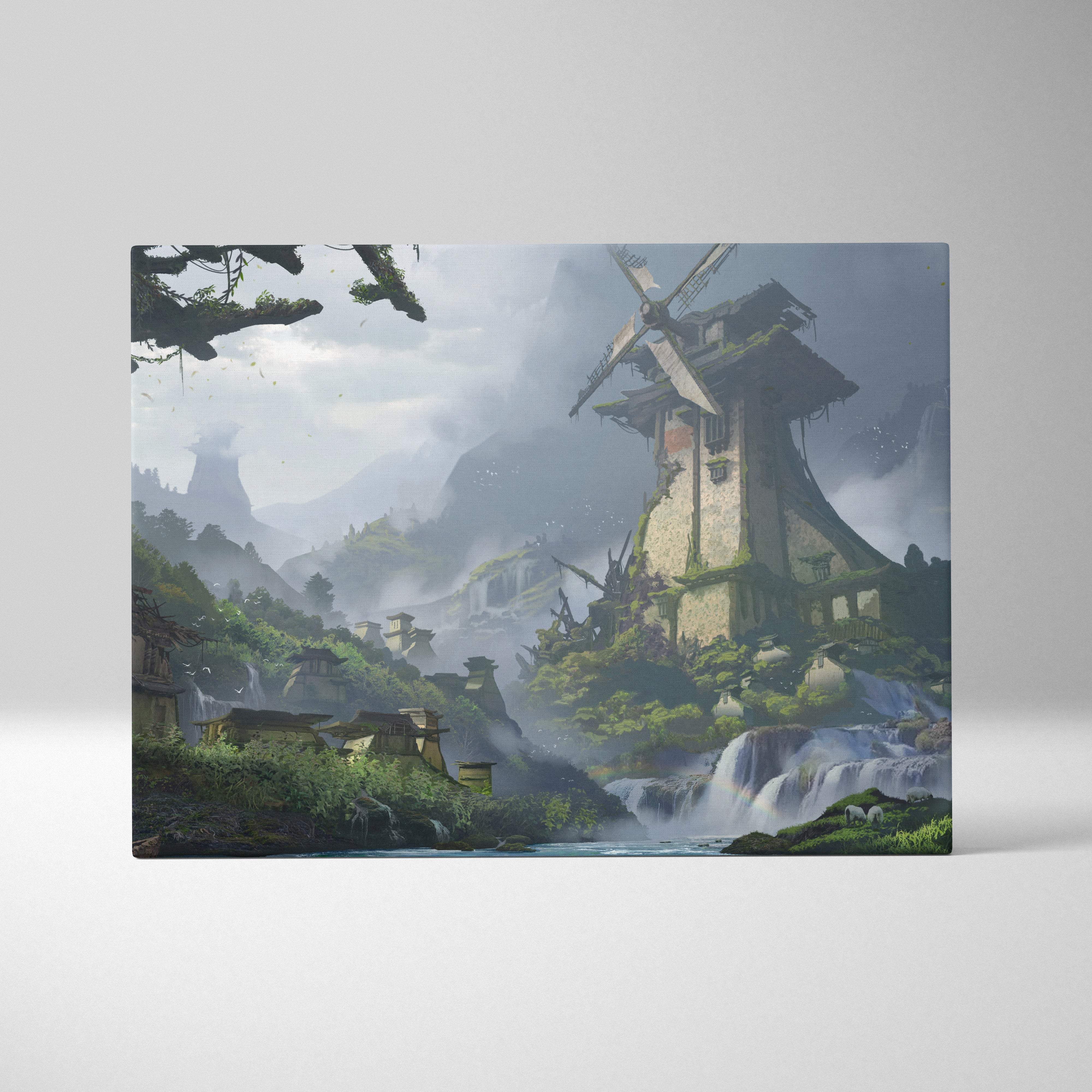 Rectangular canvas print of a misty green fantasy landscape with an ancient stone windmill and cascading waterfalls
