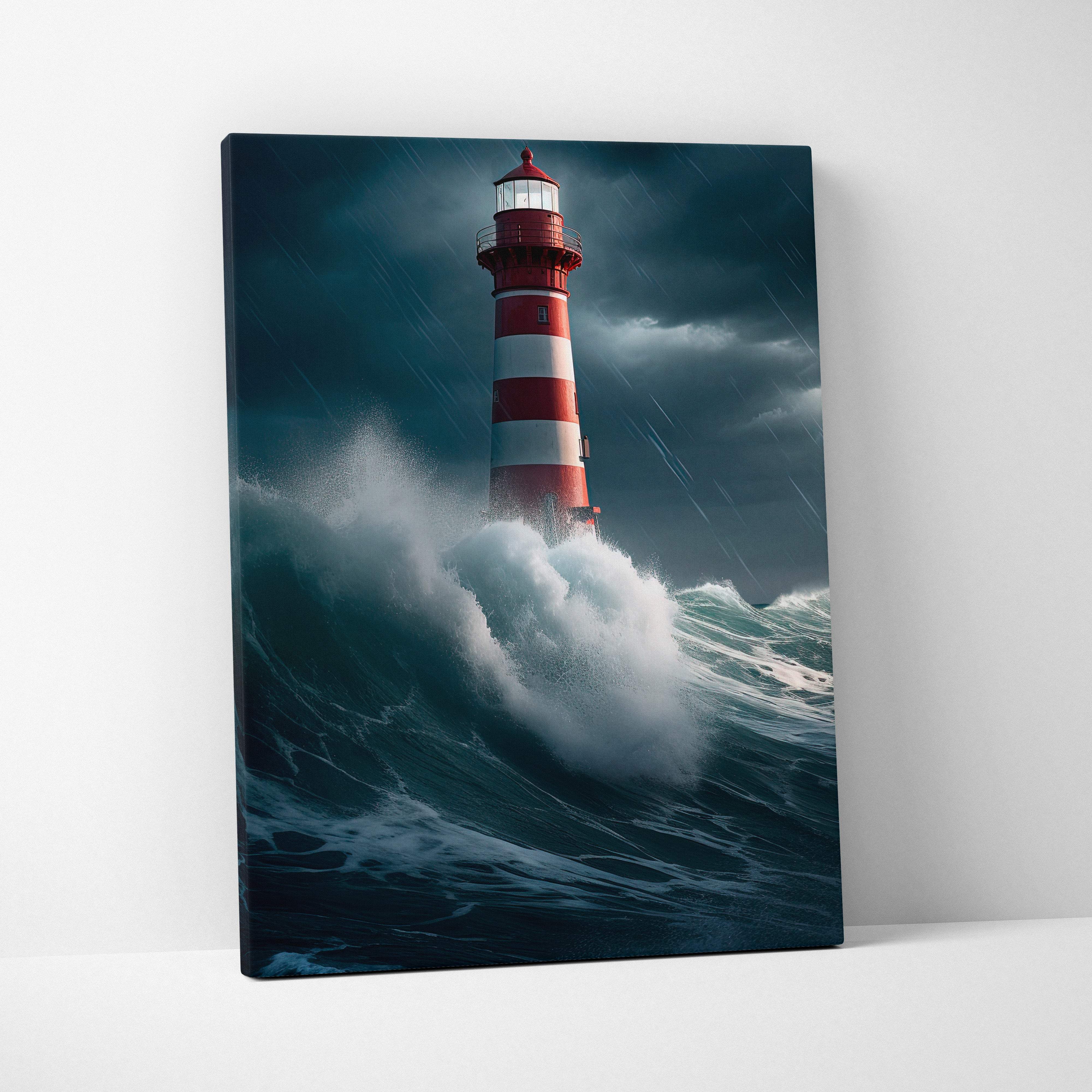 Red and white striped lighthouse canvas print showing stormy sea with crashing waves and heavy rain ocean seascape wall art