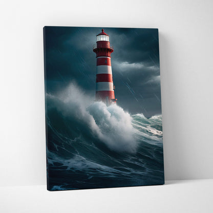 Red and white striped lighthouse canvas print showing stormy sea with crashing waves and heavy rain ocean seascape wall art