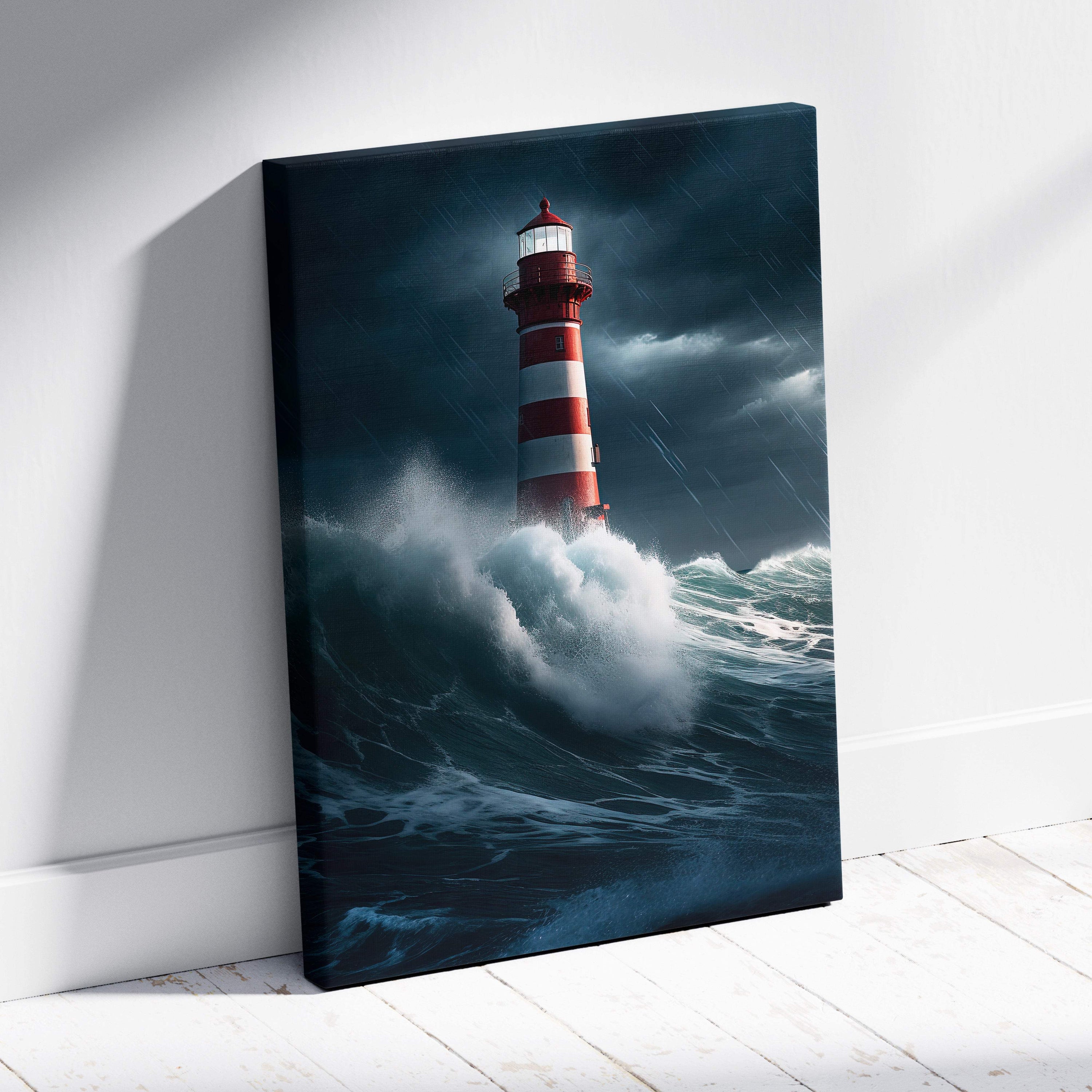 Red and white striped lighthouse canvas print depicting crashing waves and heavy rain in a dramatic ocean seascape