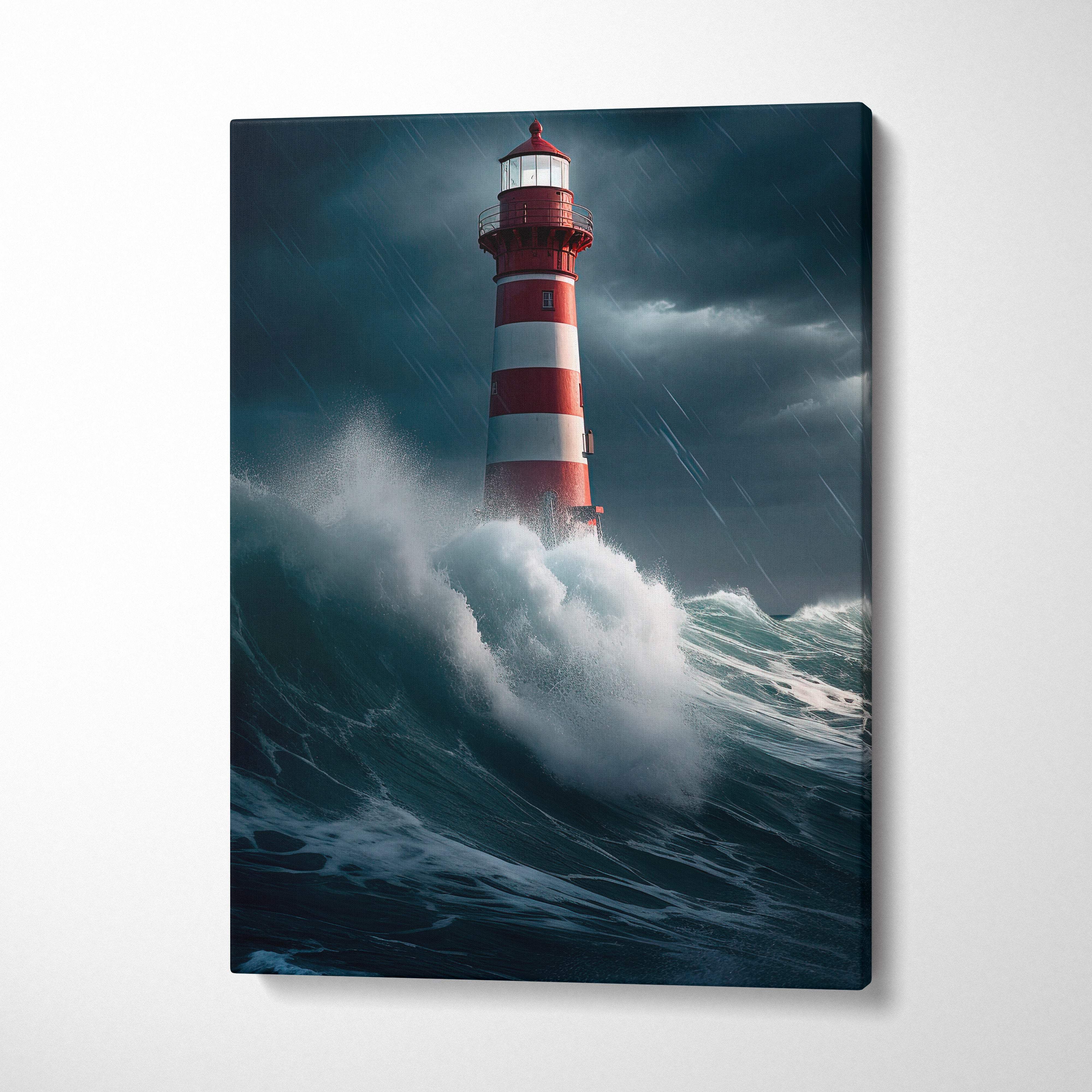 Red and white striped lighthouse canvas print depicting a stormy sea with crashing waves and heavy rain