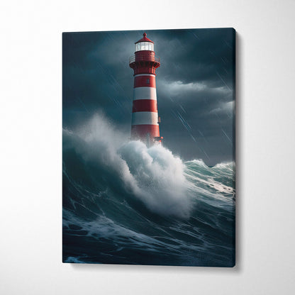 Red and white striped lighthouse canvas print depicting a stormy sea with crashing waves and heavy rain