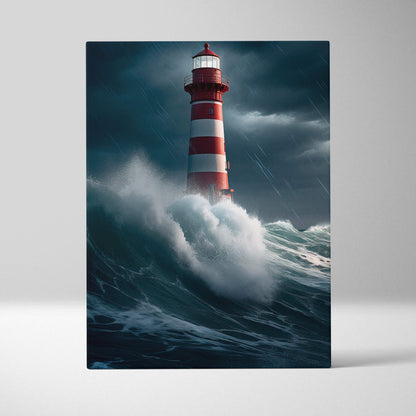 Red and white striped lighthouse wall art with glowing lantern standing against crashing waves and stormy skies