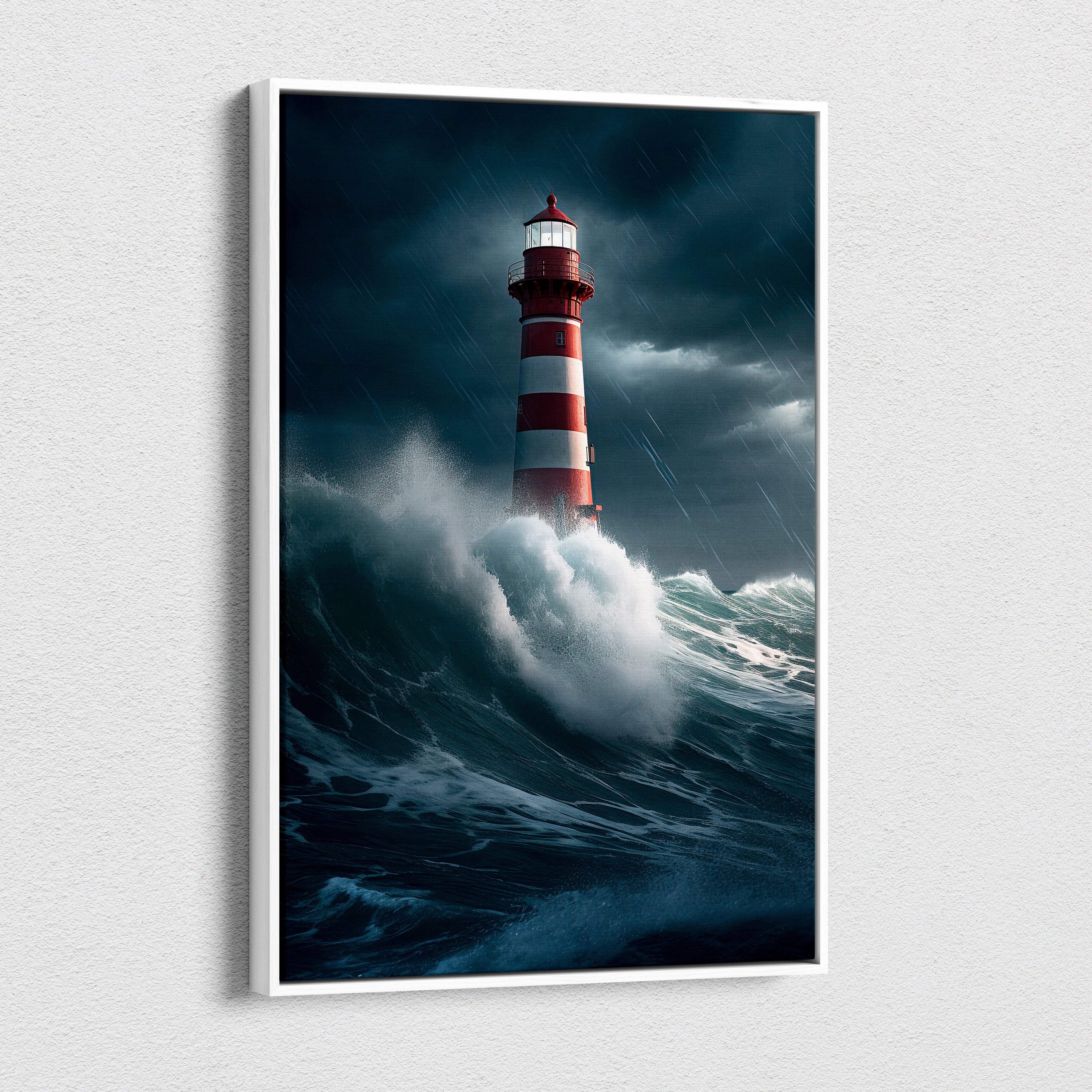 Red and white striped lighthouse wall art showing dramatic ocean seascape with crashing waves and heavy rain